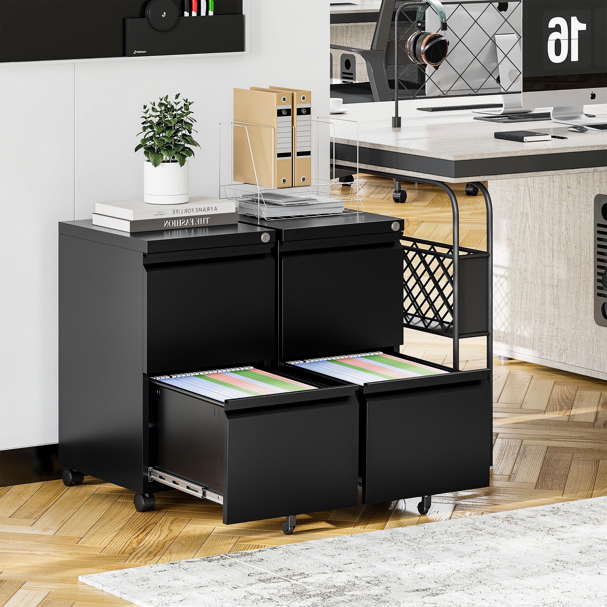 2-Drawer Mobile File Cabinet with Lock & Wheels - Black Metal Rolling File Cabinet for Home Office, Under Desk Storage, Printer Stand - Fully Assembled & Ready to Use