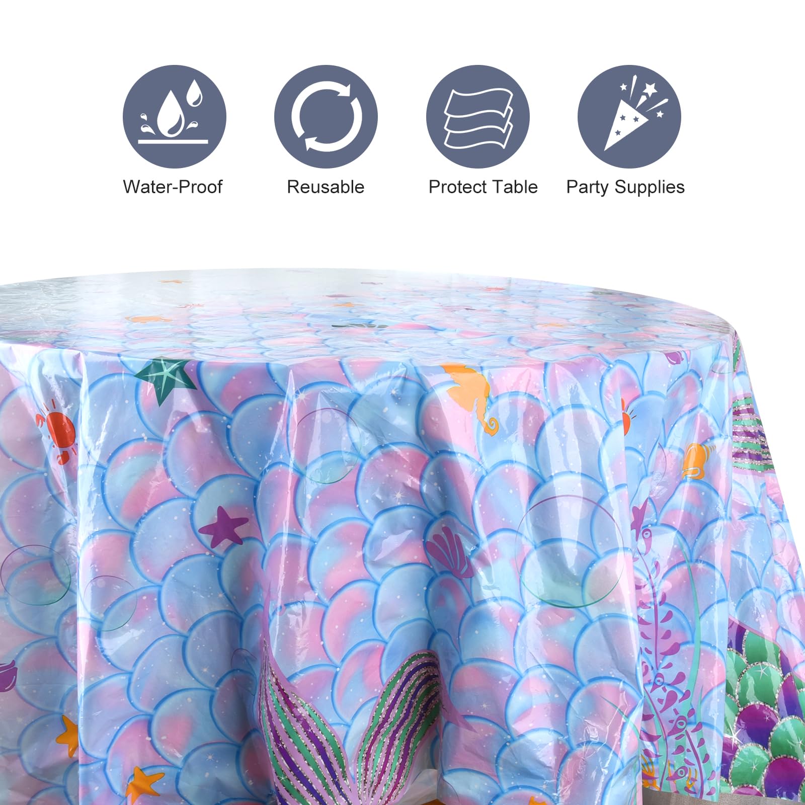 3 Pack Mermaid Baby Shower Tablecloths - 70 Inch Round Plastic Table Covers for Baby Shower Party Decorations, Gender Reveal & Birthday Celebrations - Waterproof & Disposable for Easy Cleanup