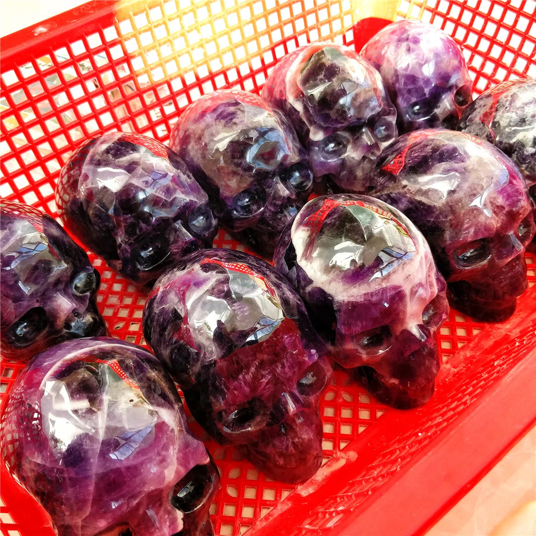 Premium Natural Brazilian Amethyst Hand-Carved Skull - Healing Crystal Stone for Meditation, Reiki & Spiritual Decor - Unique Folk Art Gift for Collectors & Home Decor