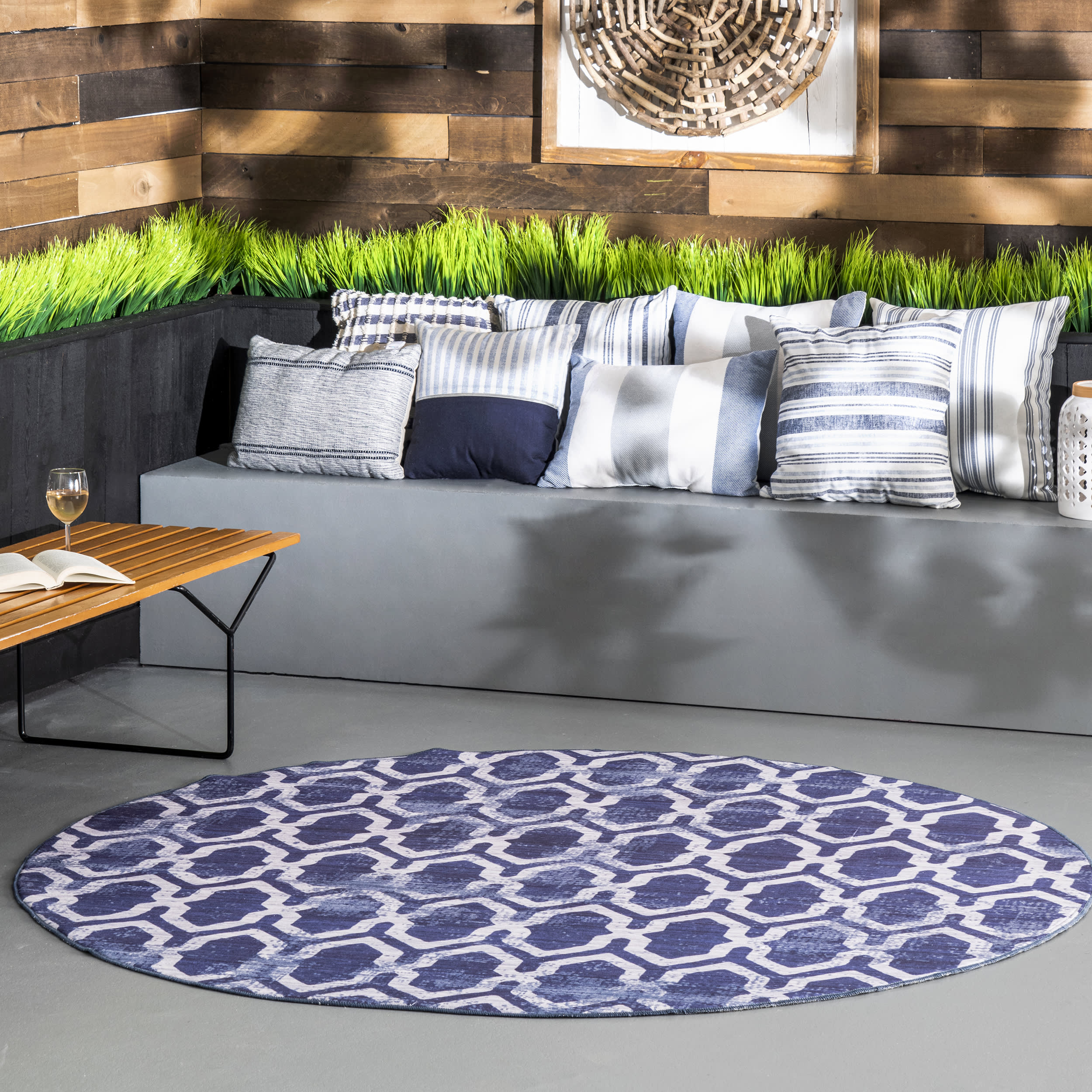 Blue Megan Trellis Washable Indoor Outdoor Rug - Perfect for Patio, Living Room & Bedroom Decor