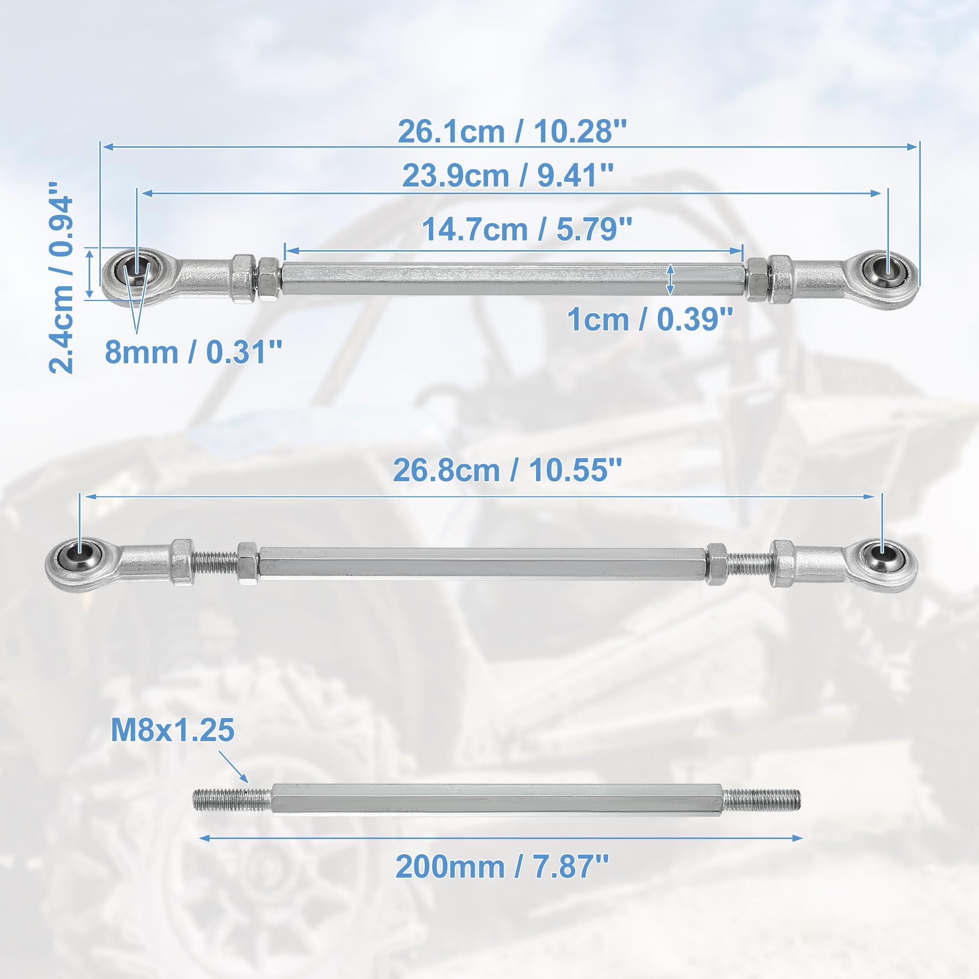 Motoforti 2-Piece 200mm Adjustable Steering Tie Rod Ball Joint with 8mm Hole Diameter - Compatible with 49cc Electric ATV & Go Kart - Silver Tone Steering Suspension Accessory for Enhanced Control & Durability - Perfect for Off-Roading, Racing & DIY Kart Upgrades