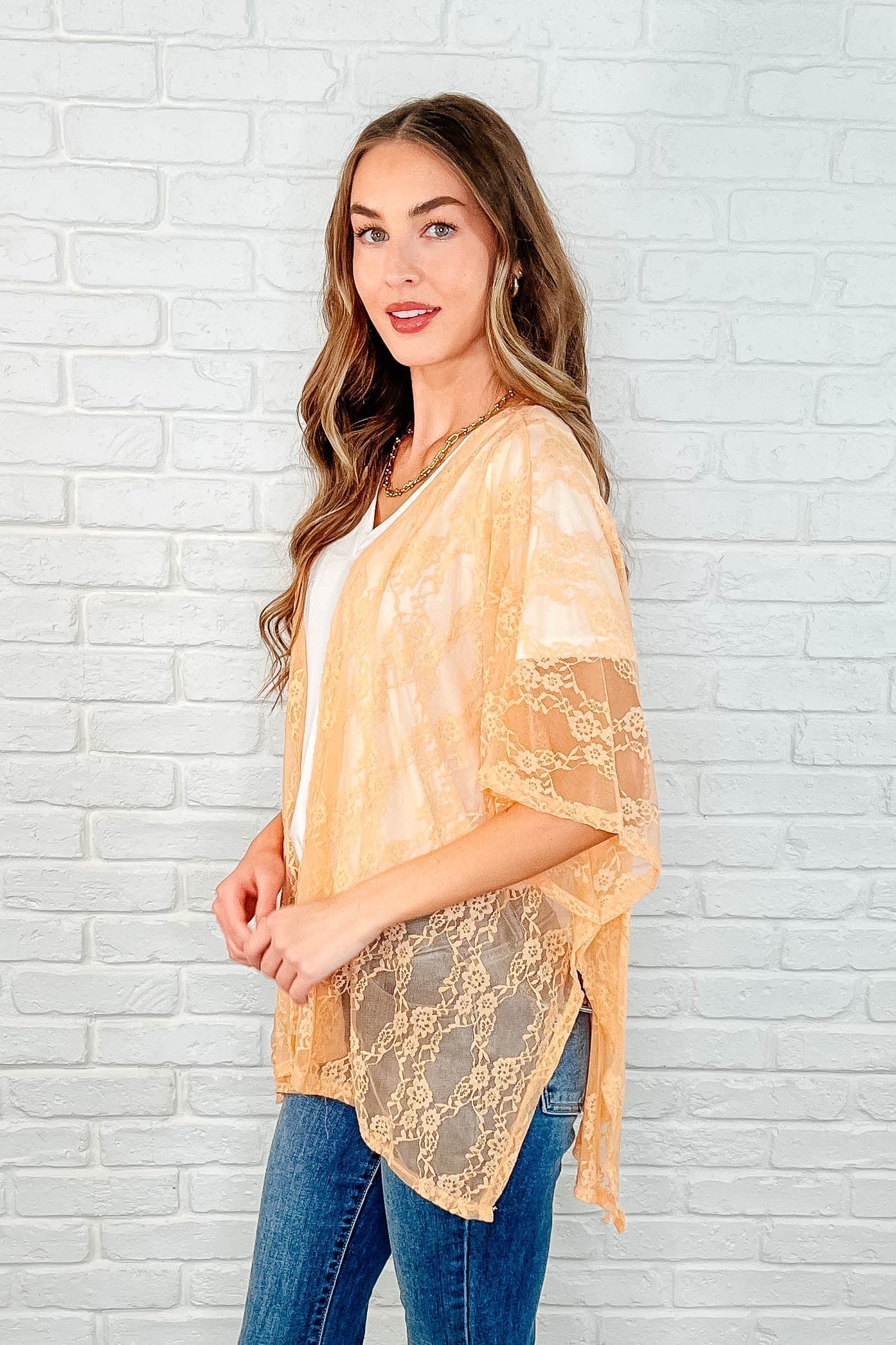 Good Days Ahead Lace Kimono in Peach - Elegant Floral Lace Cover Up for Women | Perfect for Beach, Pool, Bridal Shower & Summer Outfits