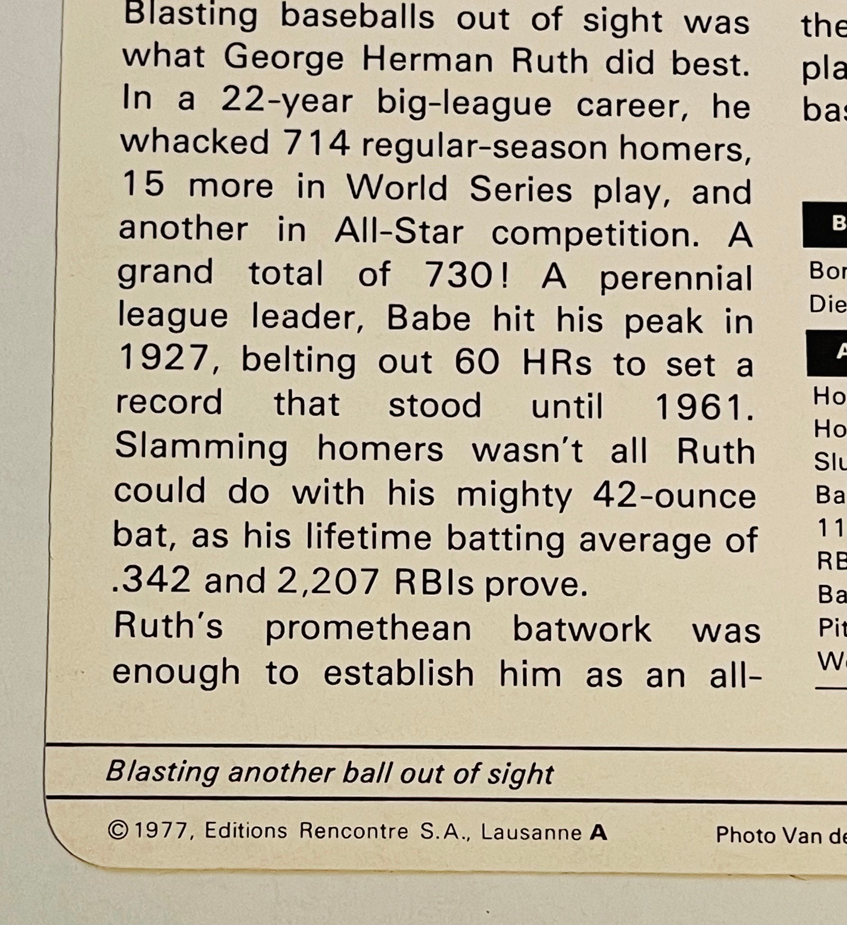Vintage 1977 Babe Ruth 5x7 Baseball Card from Italy - Rare Collectible for Sports Memorabilia & Gift for Baseball Fans