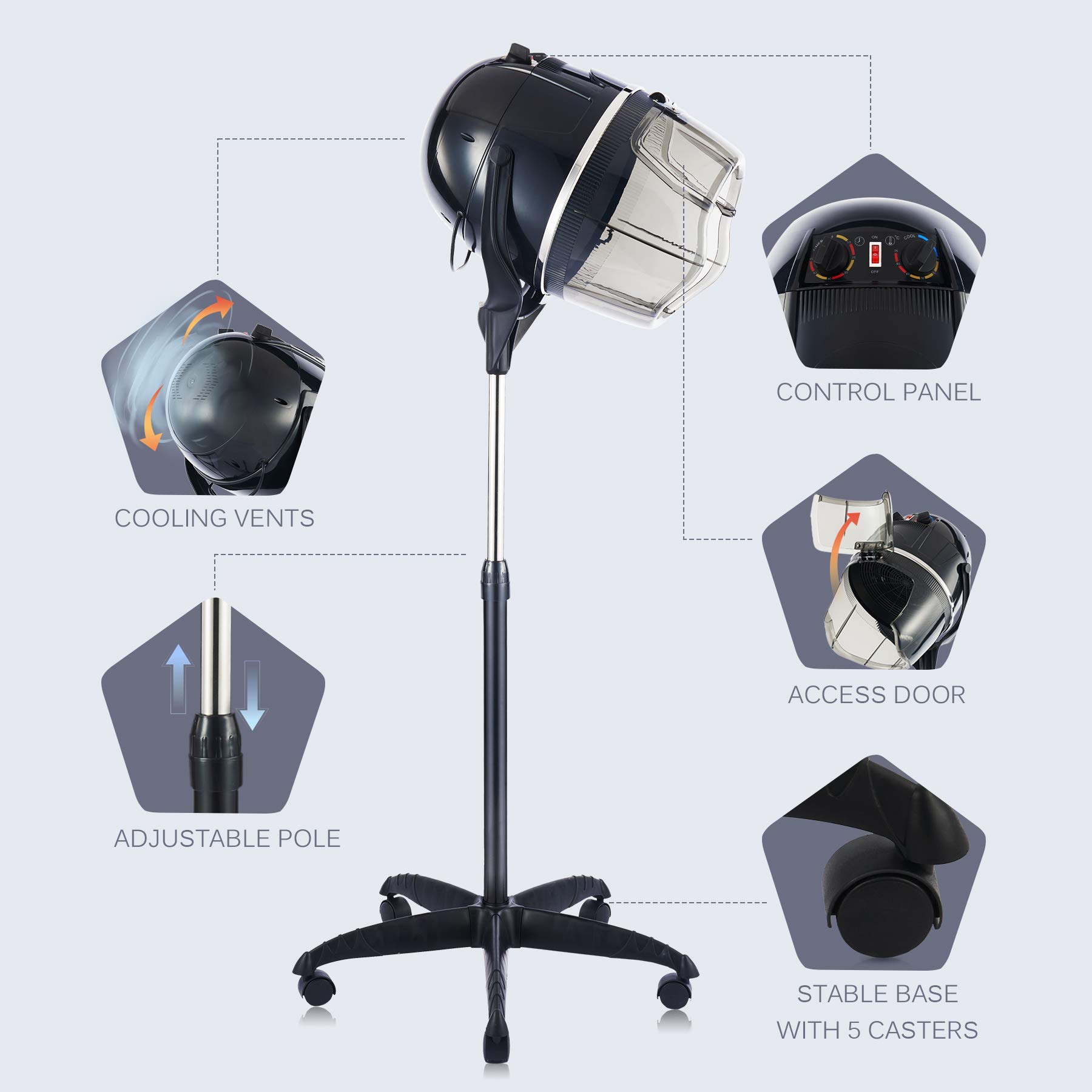 Professional Hooded Hair Dryer with Adjustable Height & Rolling Base - Salon & Home Spa Hair Care Equipment for Styling, Drying & Treatments
