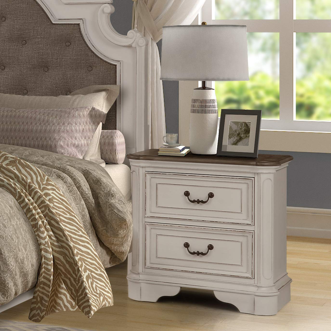 Roundhill Furniture Laval Wood 2-Drawer Nightstand in Antique White & Oak - Perfect for Bedroom, Living Room, or Office Storage