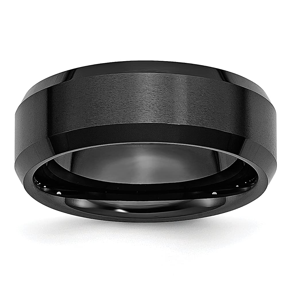 ICE CARATS 8mm Ceramic Black Brushed Wedding Band - Beveled Edge Flat Ring for Women, Classic Fashion Jewelry Gift for Her - Perfect for Anniversaries, Engagements & Special Occasions