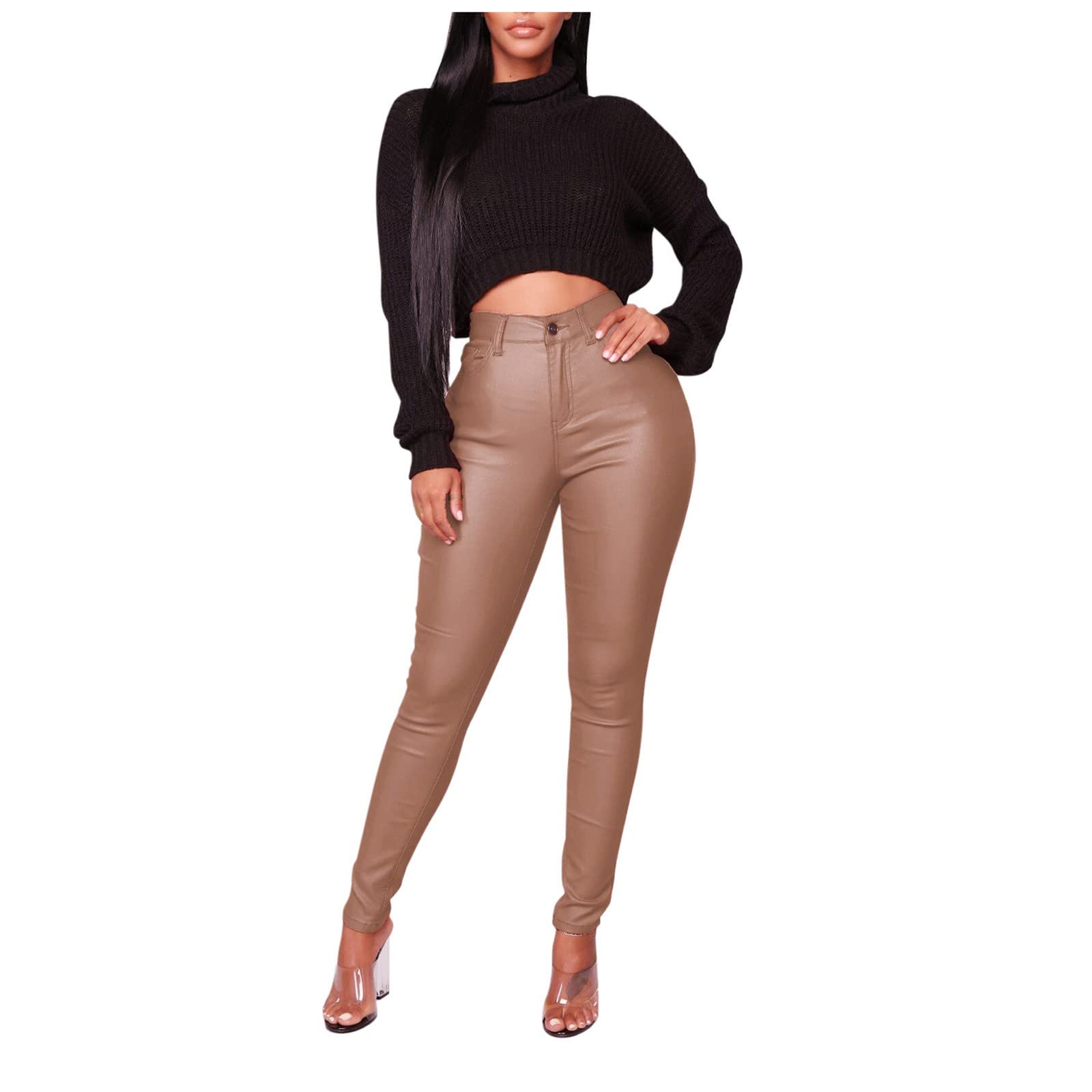 Women's High Waist Faux Leather Pants - Black Winter Tights for Office & Party