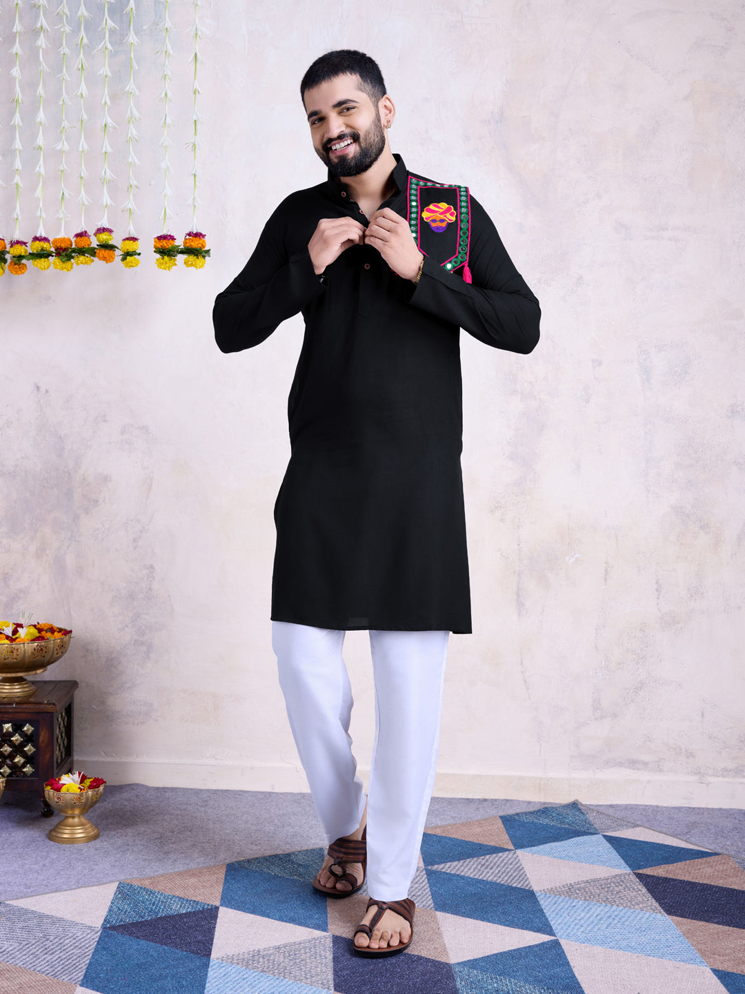Black Men's Ready-Made Kurta Set with Mirror Thread Embroidery - Traditional Indian Ethnic Wear for Weddings & Festivals