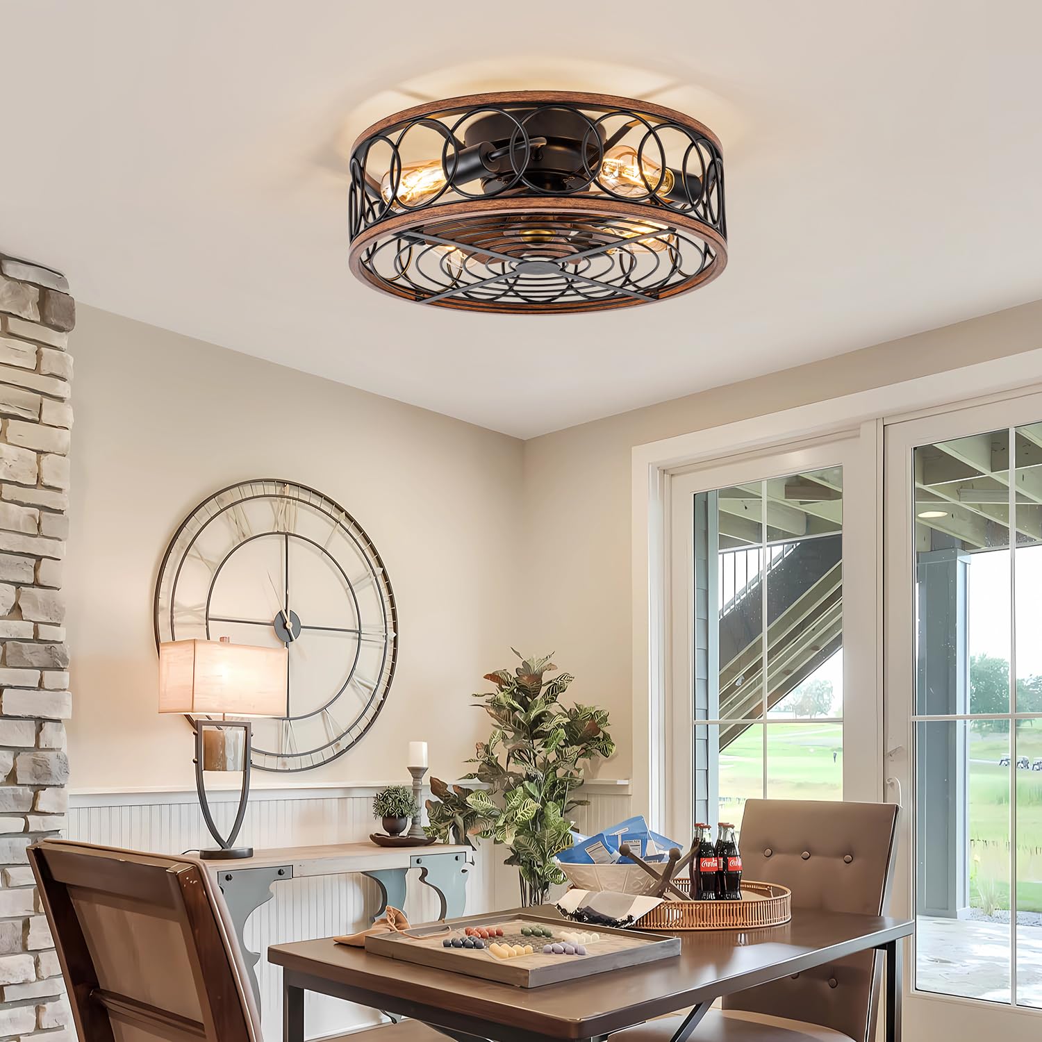NORFOLK 20'' Bladeless Farmhouse Ceiling Fan with Lights & Remote Control - Low Profile Flush Mount Rustic Cage Lighting (E26 Bulb Base) - Perfect for Bedroom, Living Room, Kitchen, Patio & Outdoor Spaces