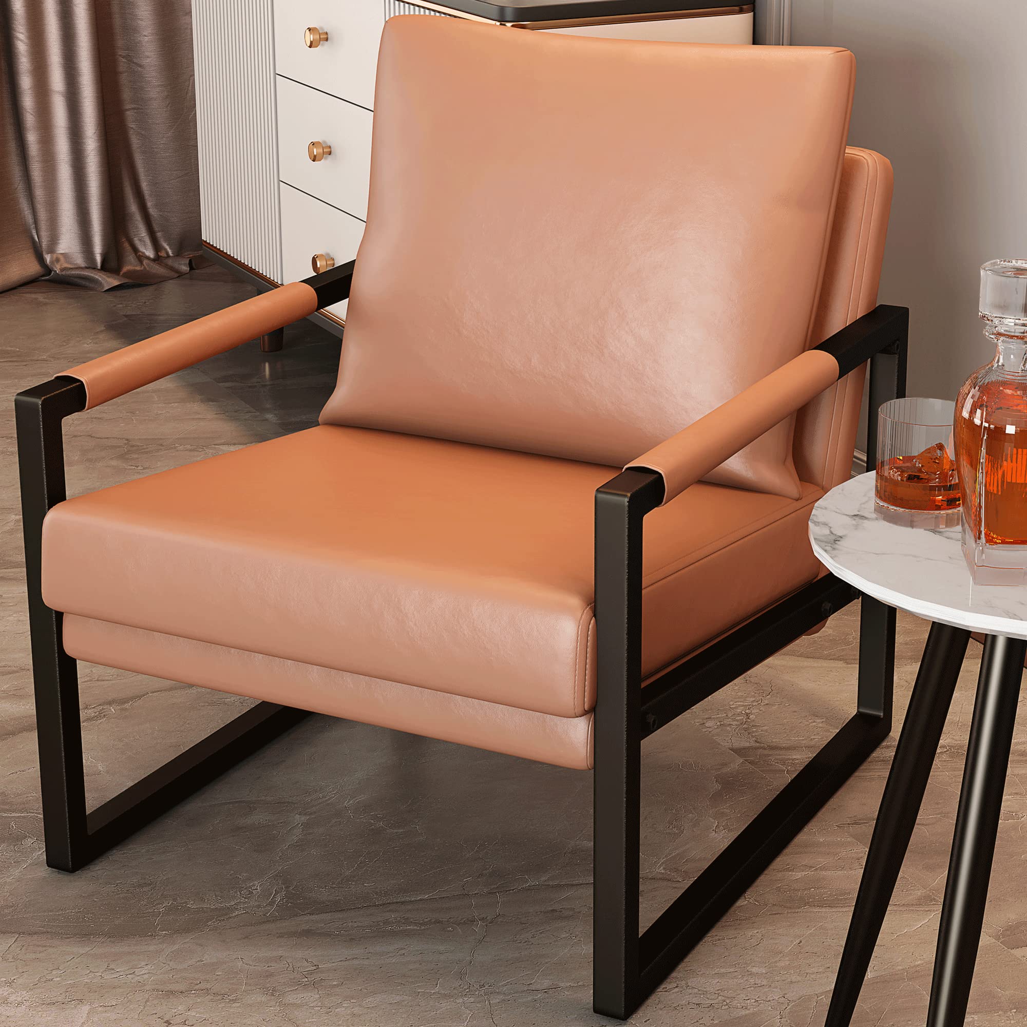 Mid Century Modern Chair - PU Leather Upholstered Armchair with Sturdy Metal Frame, Thick Padded Seat & Backrest - Stylish Accent Chair for Living Room, Bedroom, Office or Reading Nook