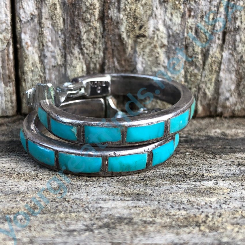 Vintage Hopi Sterling Silver & Turquoise Inlay Clip-On Hoop Earrings – Handmade Native American Jewelry for Women – Perfect for Casual Wear, Festivals, and Special Occasions