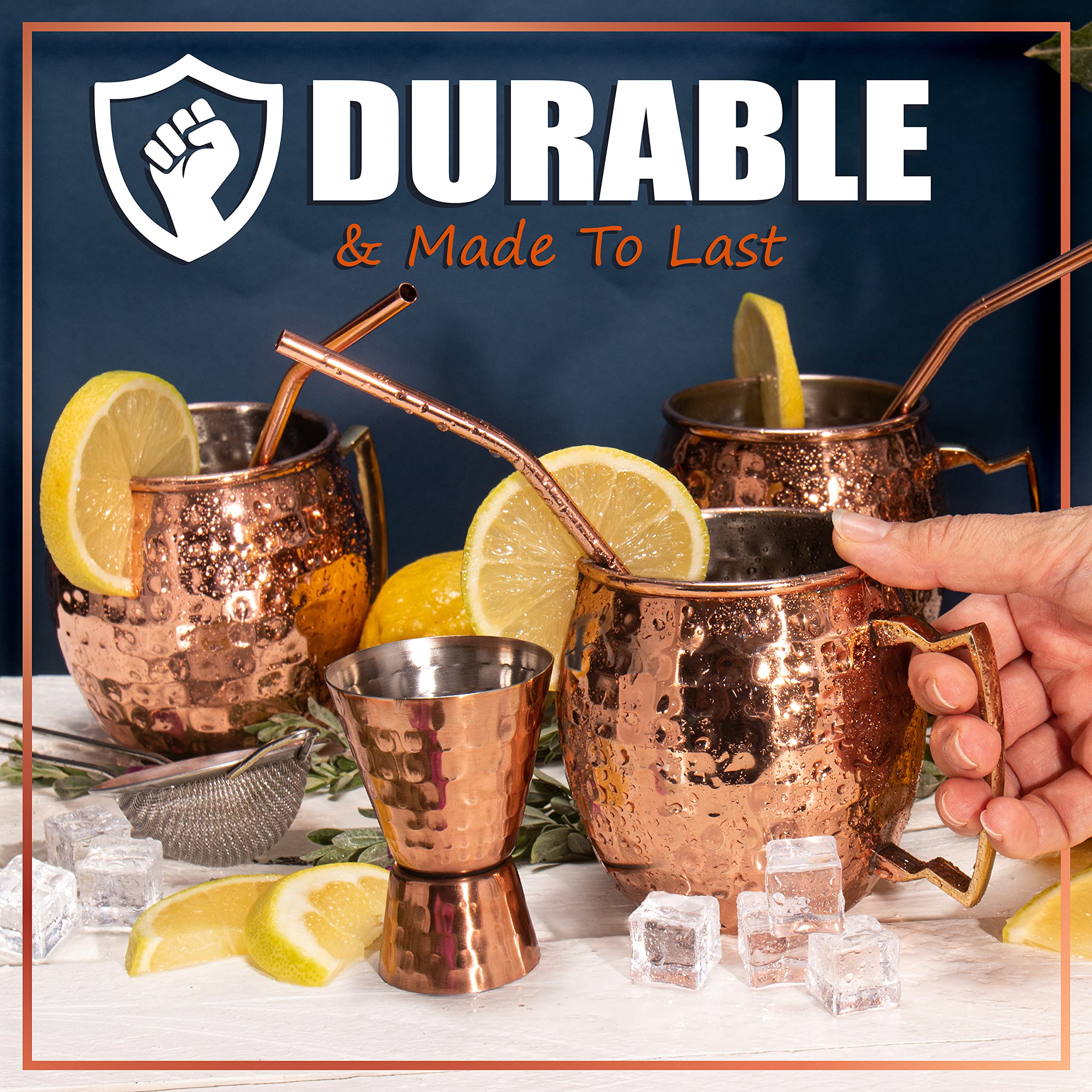 Premium Moscow Mule Mugs Set - 4 Handcrafted 18oz Copper Plated Cups with Stainless Steel Lining, 4 Unique Straws, Jigger, Bottle Opener & Recipe Booklet - Perfect for Cocktail Parties, Home Bars & Gifts