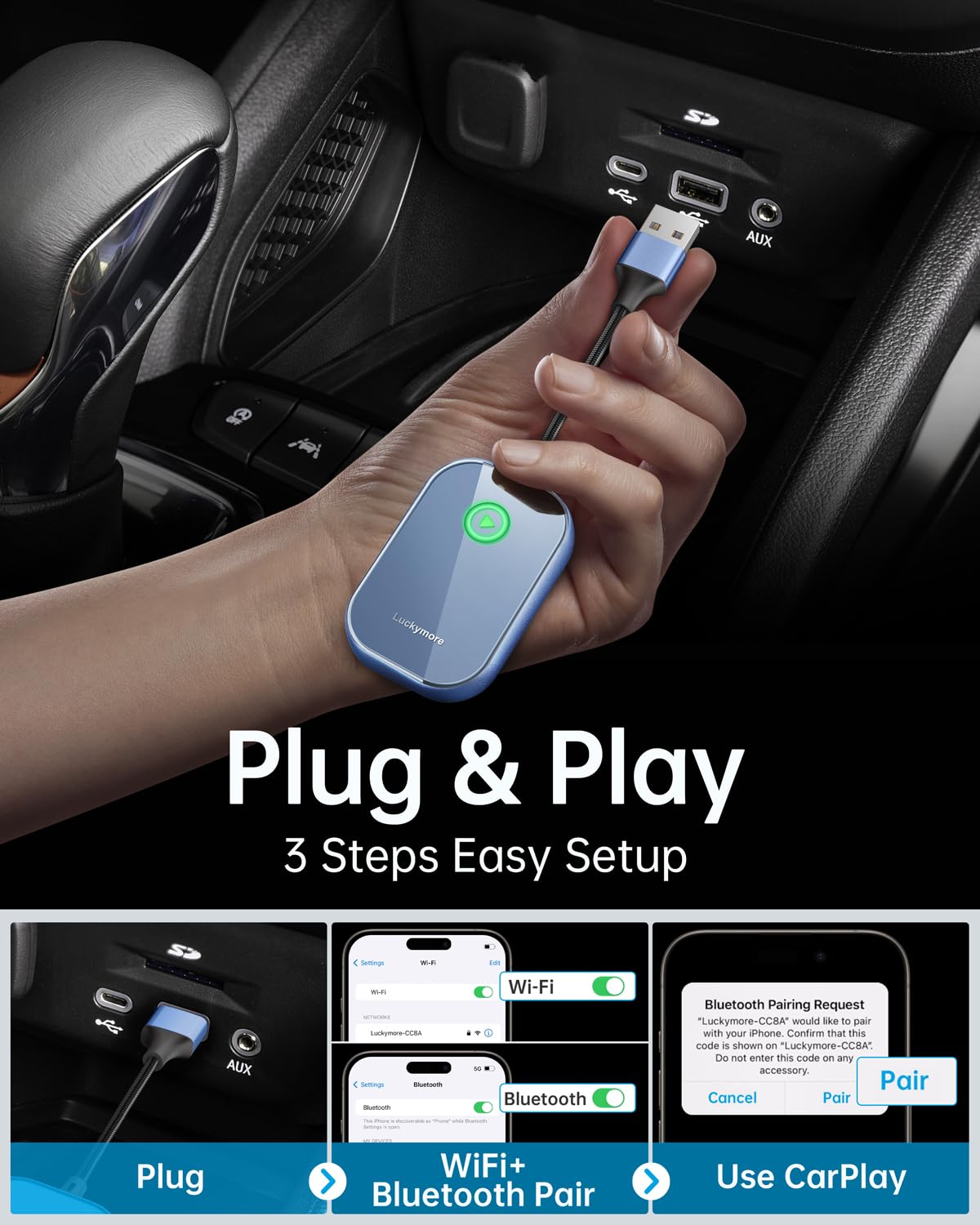 Luckymore Wireless CarPlay Adapter - Convert Wired to Wireless CarPlay Dongle for iPhone, Plug & Play CarPlay Compatible with Cars 2017+ & iOS 10+ - Perfect for Hands-Free Driving & Seamless Music Streaming