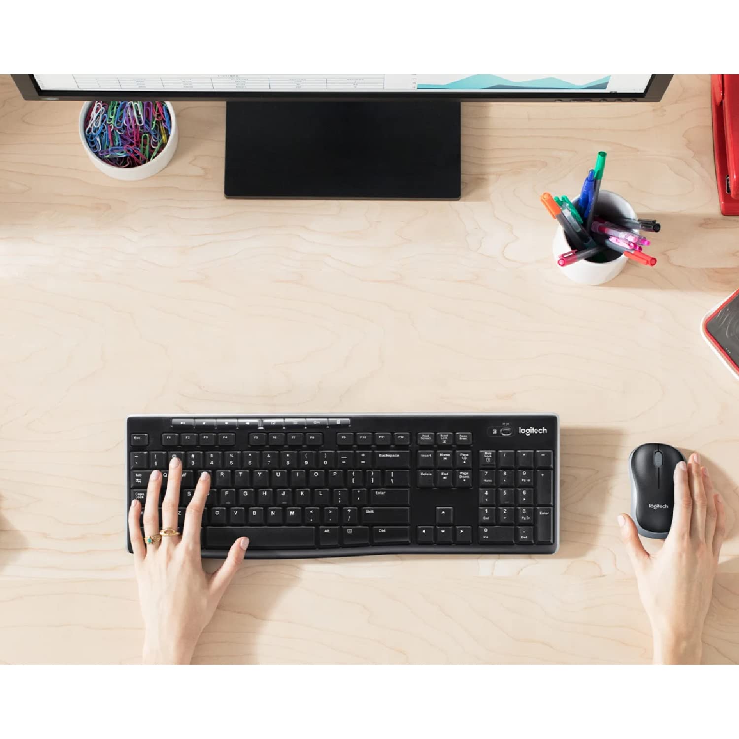 Logitech MK270 Wireless Keyboard and Mouse Combo - Ergonomic Wireless Keyboard with Mouse for Home Office, Gaming, and Travel | Includes Mini Bluetooth Speaker, Gel Wrist Rest & Mouse Pad for Comfortable Computing
