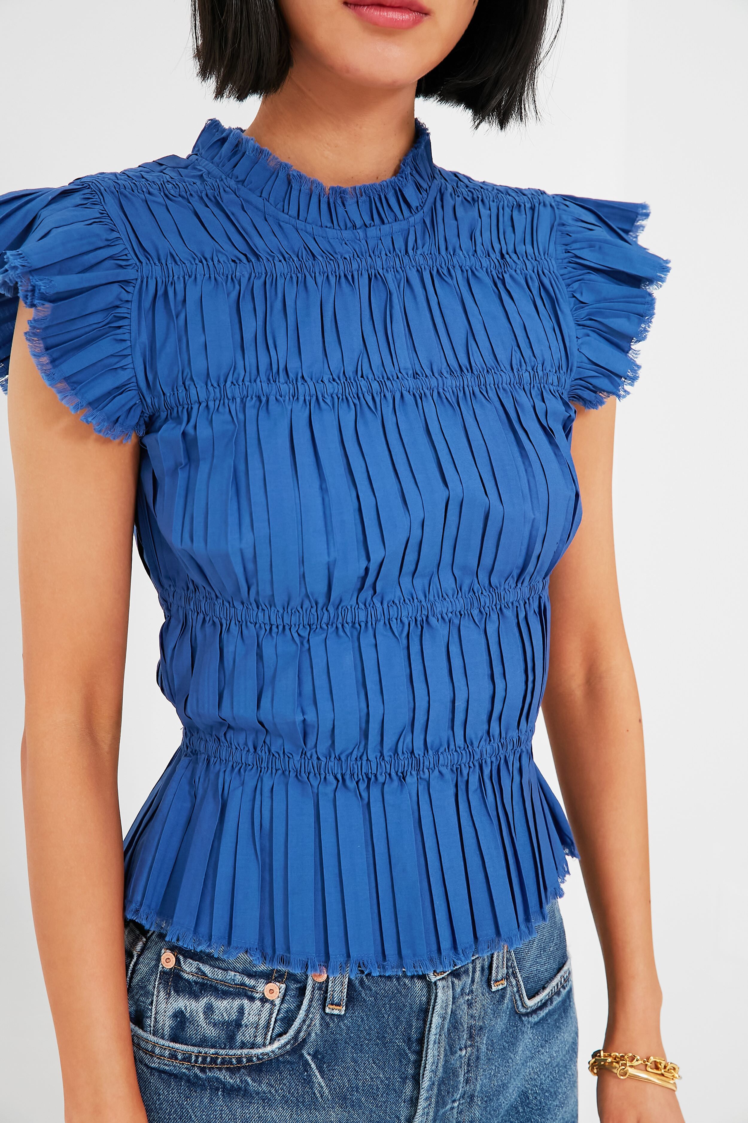 Blue Greir Pleating Flutter Sleeve Top for Women | Elegant Blouse for Casual Wear, Office & Date Night Outfits