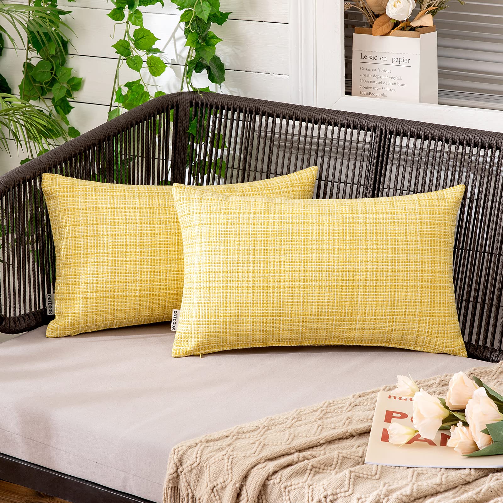 MIULEE Waterproof Outdoor Throw Pillow Covers - Farmhouse Decorative Cushion Covers for Patio, Garden, Sofa & Tent (Pack of 2, 12x20 Inch, Yellow) - Perfect for Outdoor Furniture, Camping & Home Decor