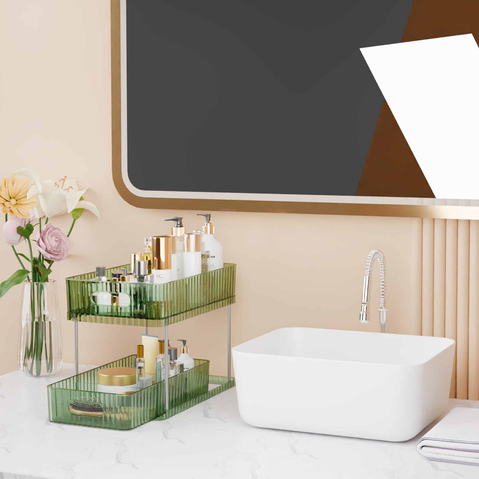 2 Tier Makeup Organizer Countertop - Large Capacity Cosmetic Display Case with Partition Board for Vanity | Makeup Holder & Cosmetic Organizer (Green) | Perfect for Bathroom Counter, Dressing Table & Travel Storage