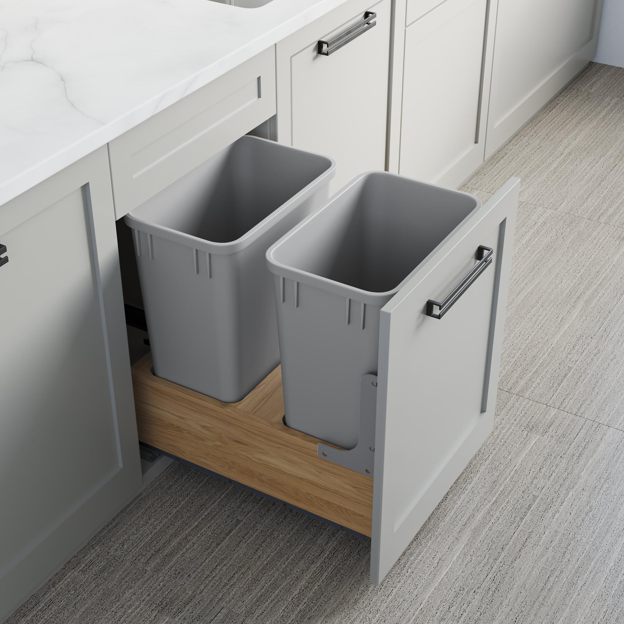 Dowell B18 Wood Base Pull-Out Trash Can Organizer with Two 35-Quart Plastic Bins (4008 0218 35 * 2) - Perfect for Kitchen Cabinet Storage & Waste Management