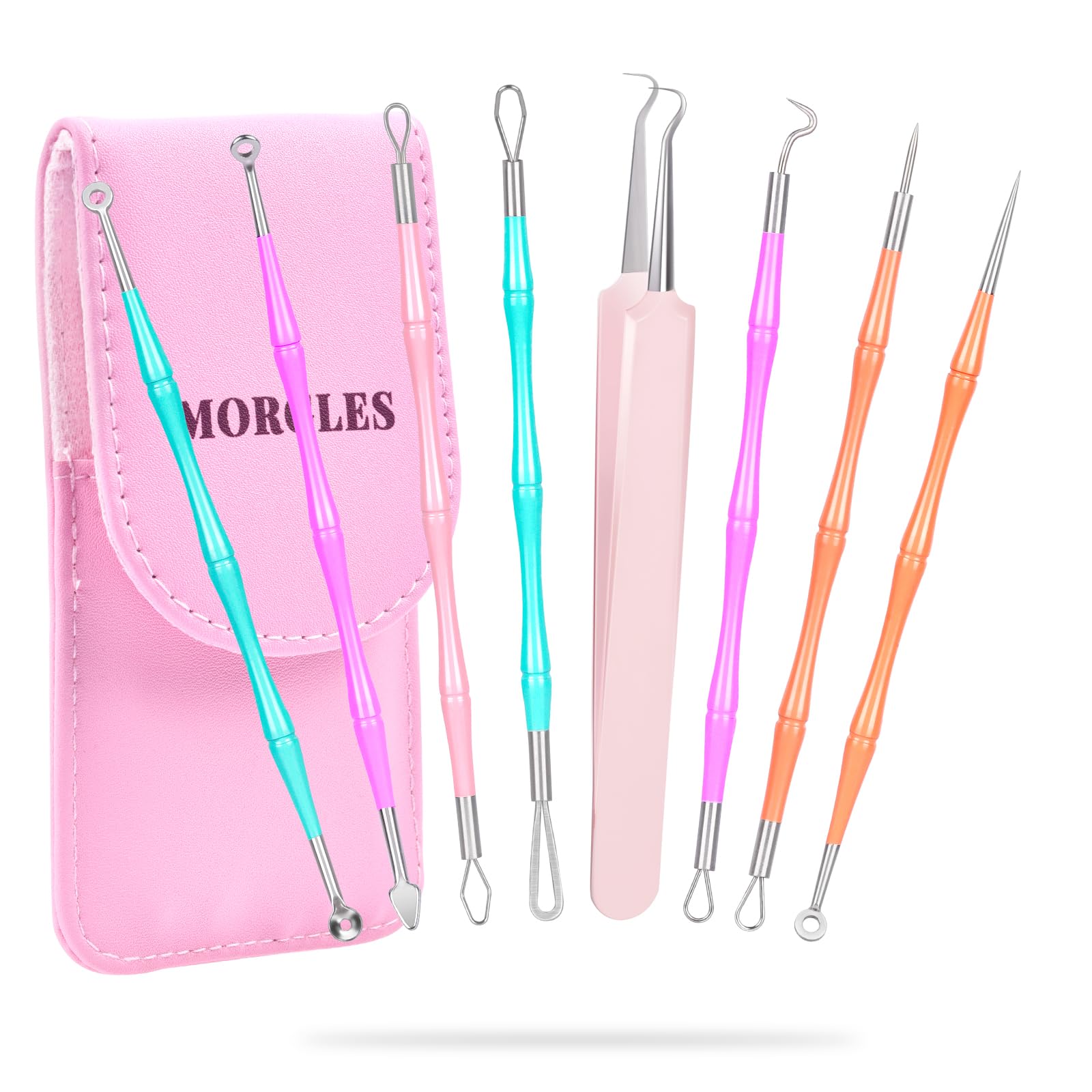 **Professional Stainless Steel Pimple Popper Tool Kit - MORGLES 14-Piece Acne Zit Extractor Set with Leather Case for Facial & Nose Blackhead Removal - Perfect for Home Skincare & Spa Treatments**