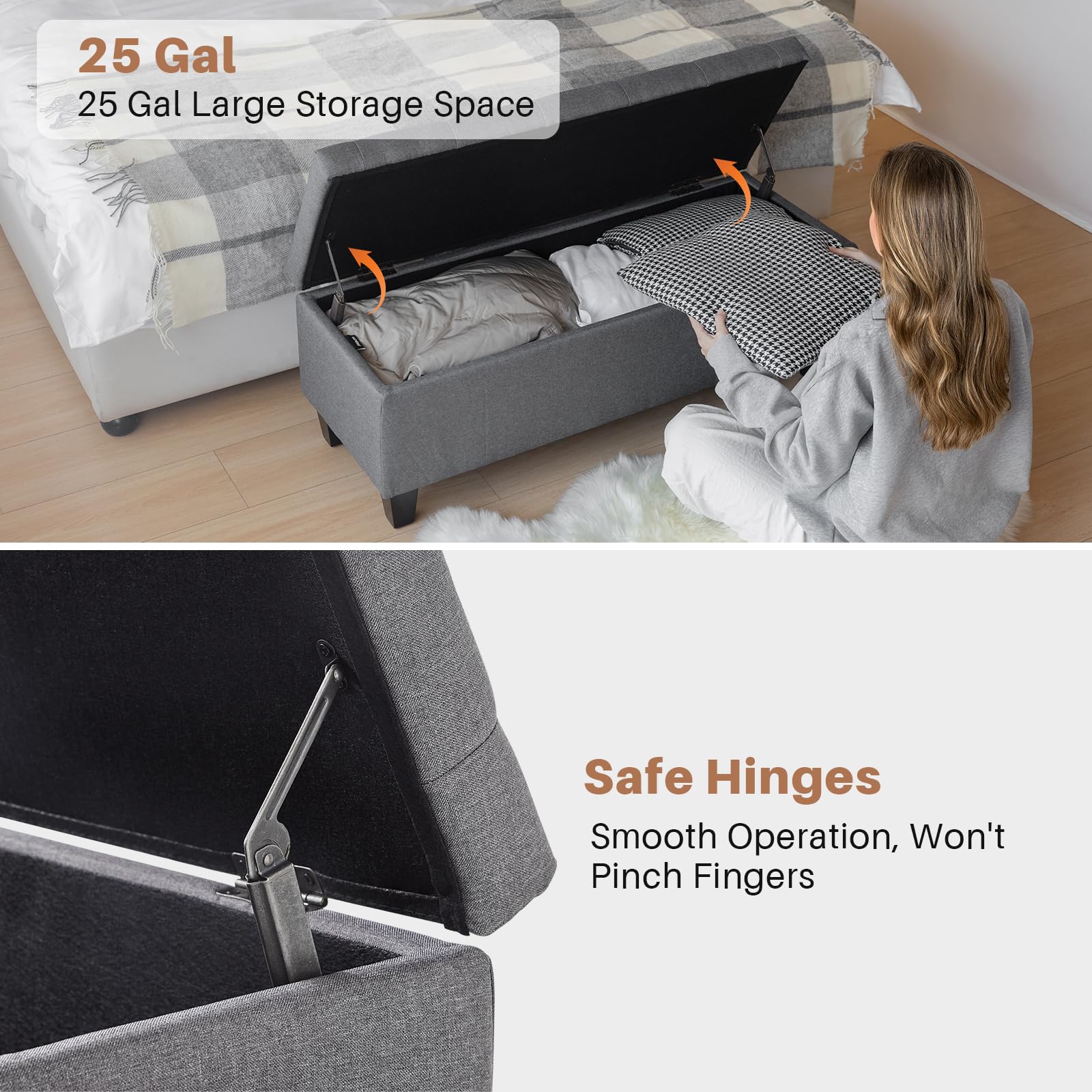 Redlife Storage Ottoman Bench with Solid Wood Legs - Button Tufted Fabric Storage Ottoman for Bedroom, Living Room & Entryway - 330 LBS Capacity with Safety Hinge - Perfect for Extra Seating, Blanket Storage & Shoe Organization (Gray)