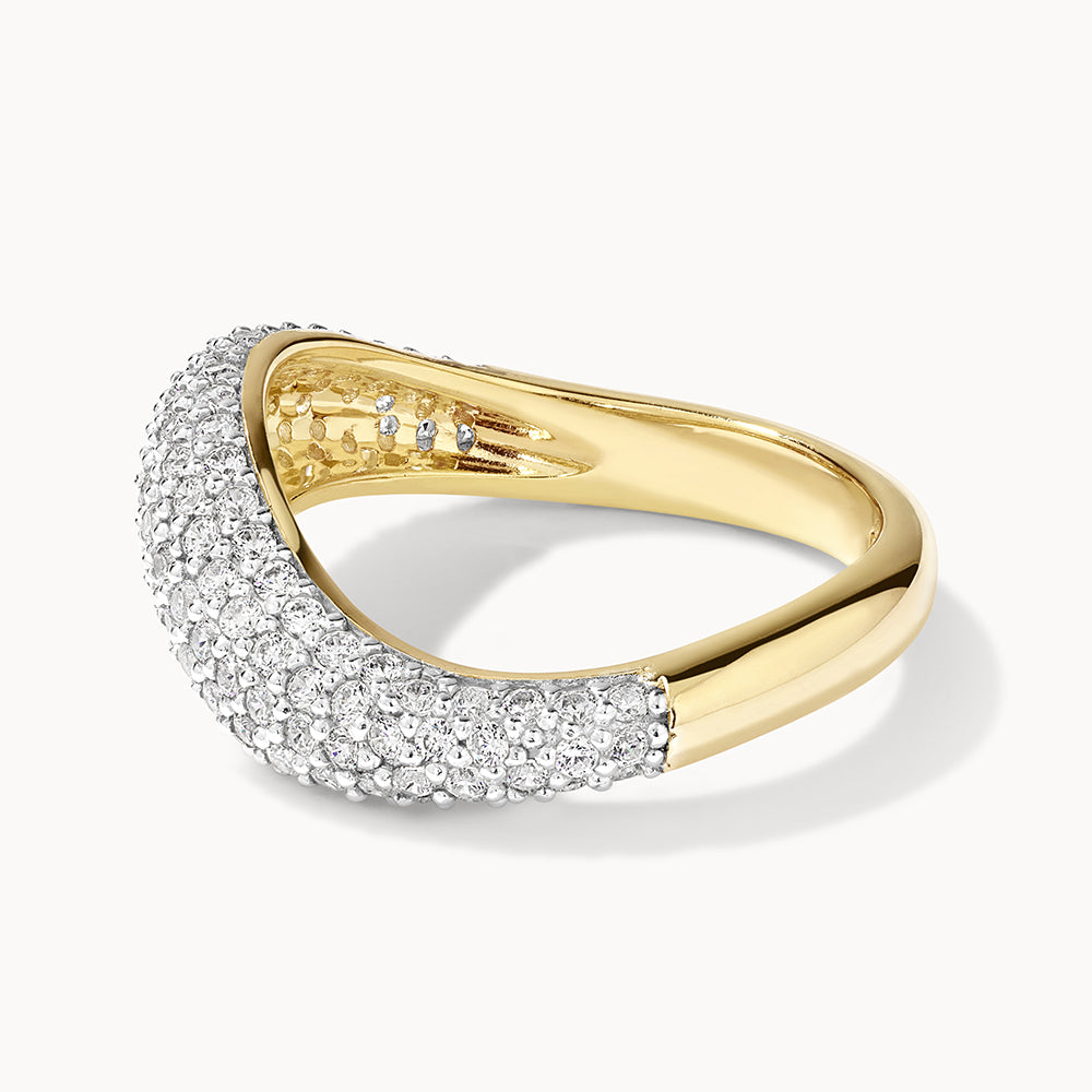 White Topaz Pave Wave Dome Ring in Gold - Elegant 14K Gold Plated Statement Ring for Women, Perfect for Weddings, Parties & Special Occasions