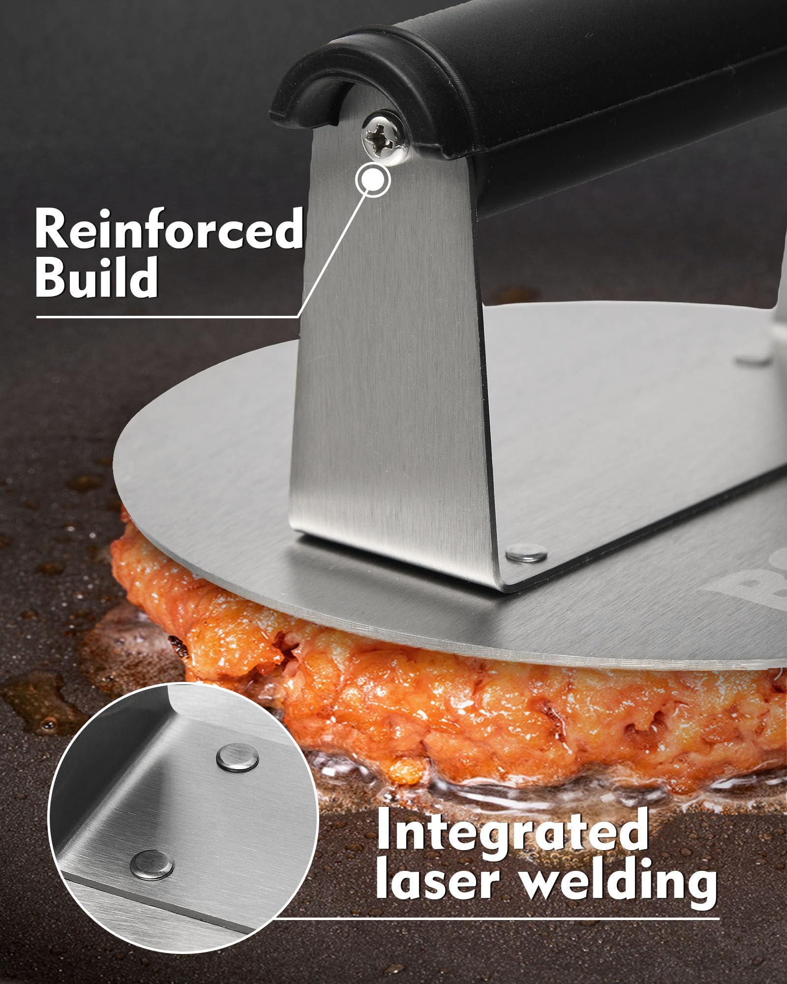 Stainless Steel Burger Press 6.3 Inch - Non-Stick Hamburger Patty Maker with Heat-Resistant Handle - Perfect for Griddle, BBQ, Steak & Meat - Great Kitchen Gift for Home Chefs & Outdoor Cooking Enthusiasts