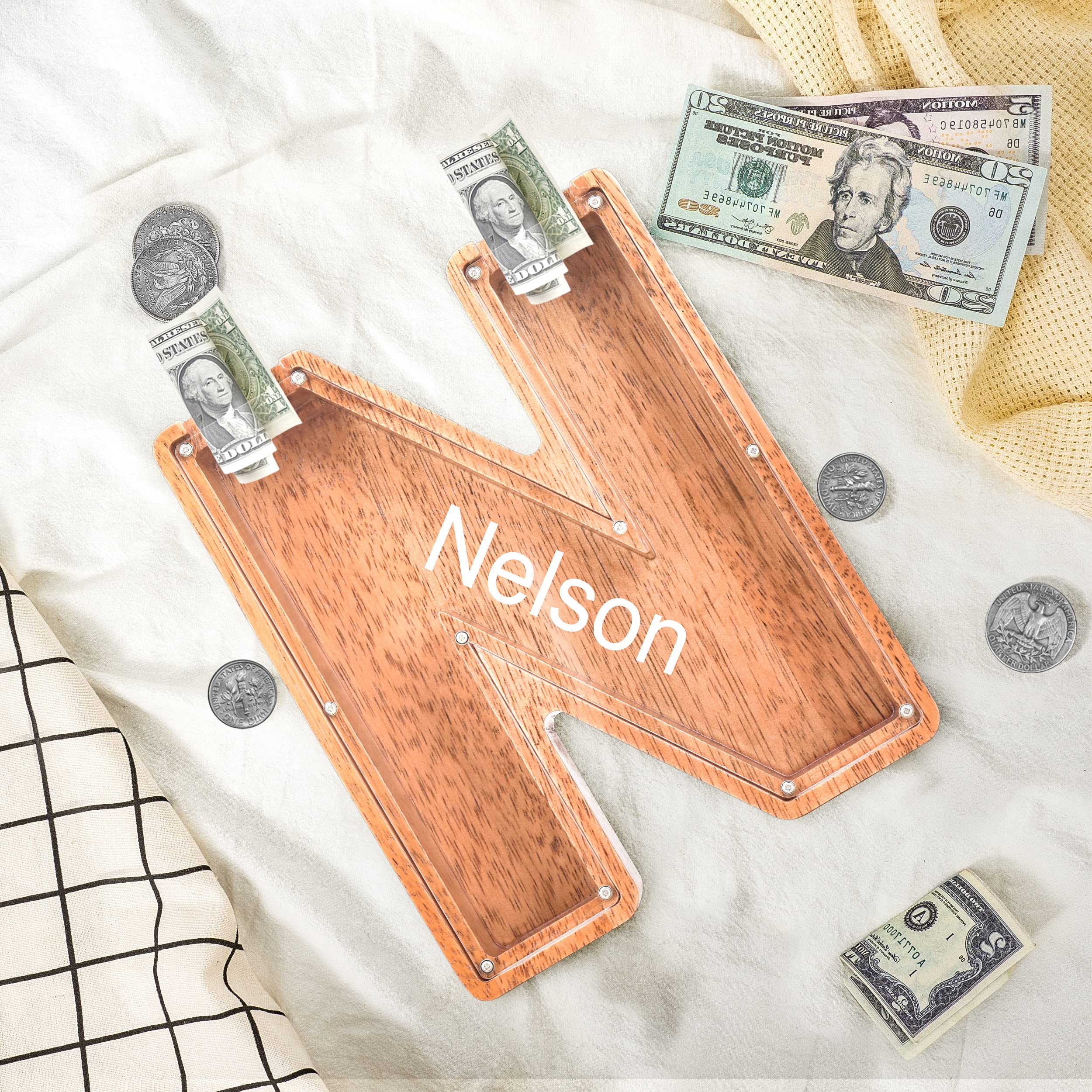 Personalized Wooden Piggy Bank with Letters - Custom Alphabet Coin Bank for Kids & Girls - Large Money Saving Box for Coins & Cash - Perfect for Birthday Gifts, Savings Education & Room Decor