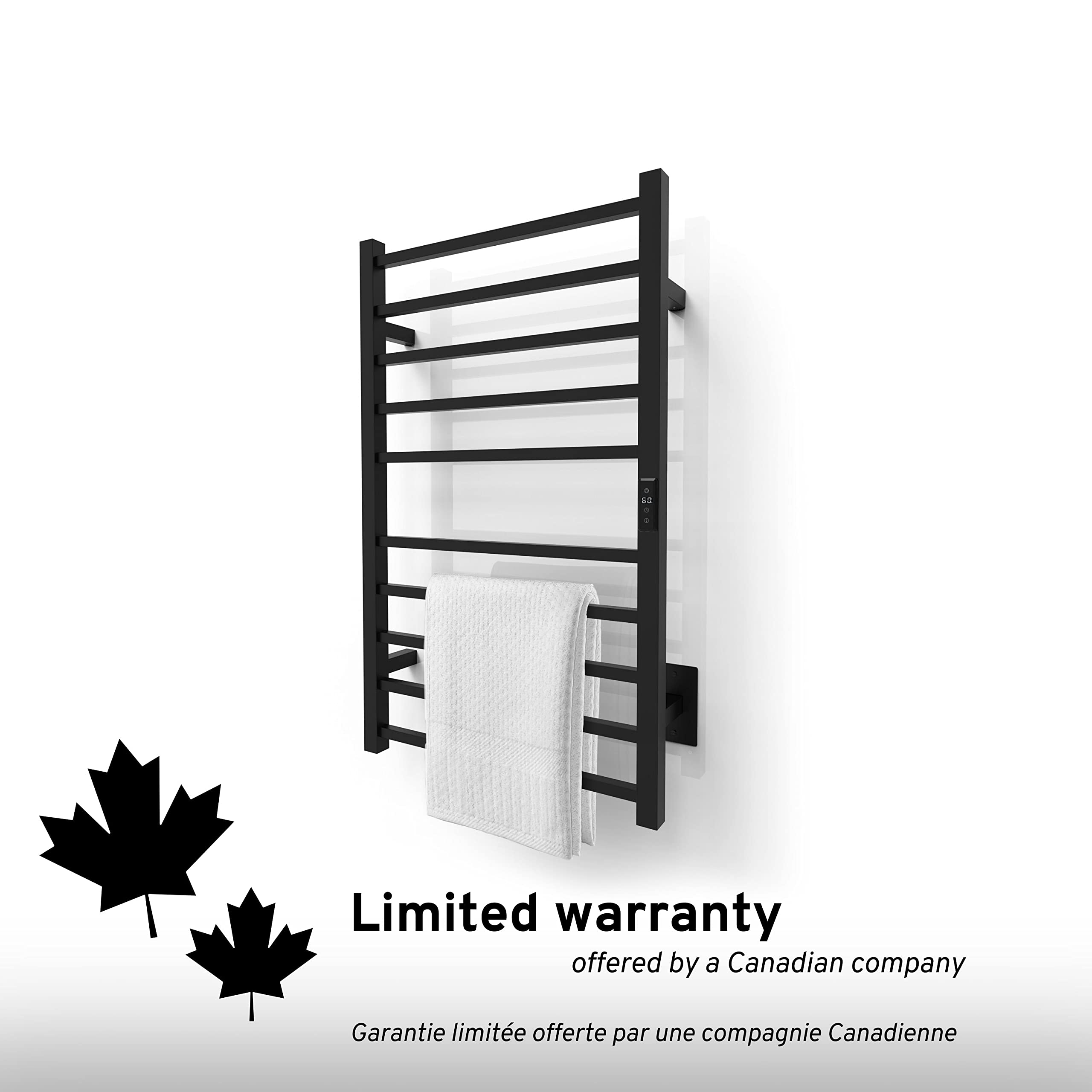 Odass Premium Electric Towel Warmer with Built-in Timer & LED Display - Adjustable Temperature 86°F to 140°F (30°C-60°C), 10-Square Bar Design, Wall Mountable in Matte Black - Perfect for Bathrooms, Spas & Luxury Home Use