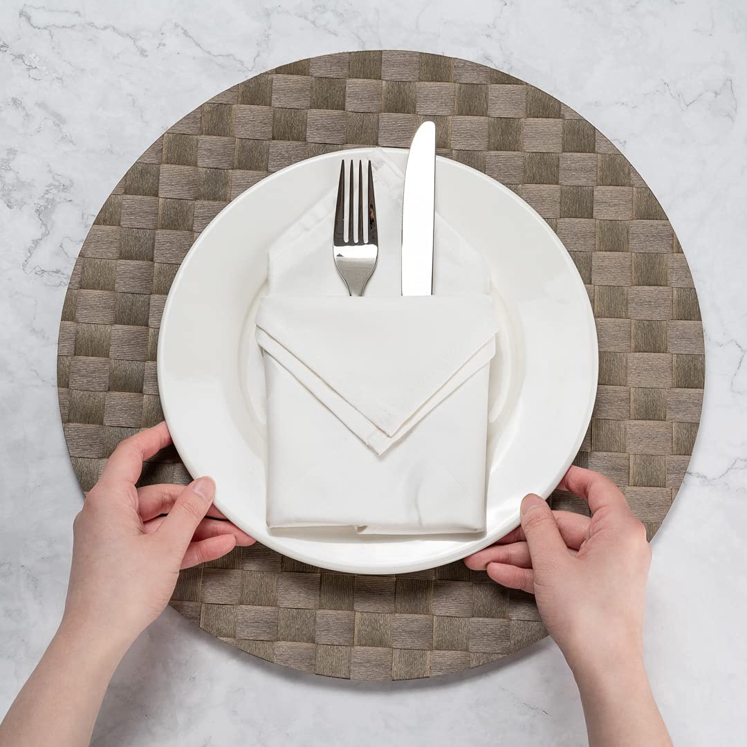 Restaurantware Macroweave 15 Inch Round Woven Placemats Set of 6 - Durable & Easy Clean Light Brown Plastic Table Mats for Dining Room, Kitchen, Restaurant or Outdoor Use