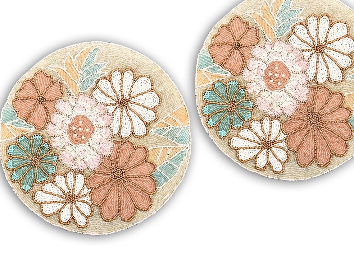 Handmade Floral Beaded Placemats Set of 4 - 13x13 Inch Summer Table Mats & Designer Charger Plates for Dining Table Decor, Wedding, Party & Home Decor