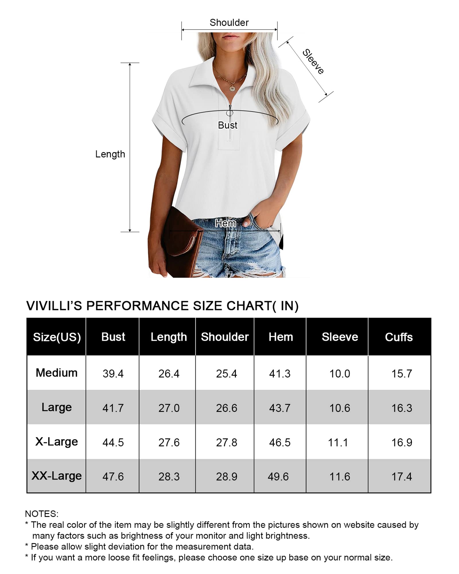 Vivilli Women's Short Sleeve Polo Shirt - Zippered Collar Business Casual Top, Loose Fit Work Shirt, White, Medium | Perfect for Office Wear, Business Meetings & Casual Outings