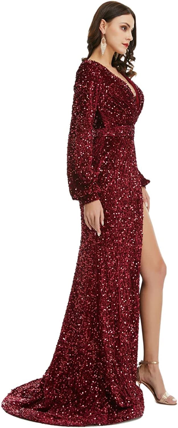 Elegant Women's V-Neck Sequin Long Sleeve Prom Dress with High Split Mermaid Tail - Perfect for Wedding, Evening Party, Cocktail & Formal Events