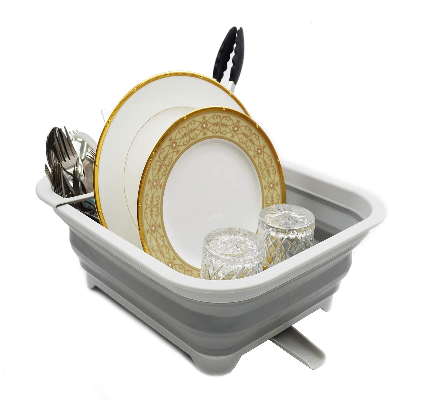 Sammart 12L (3.17 Gallon) Foldable Dish Drying Rack with Swivel Spout - Collapsible Kitchen Organizer, Space Saving Dish Drainer for Countertop - Perfect for Small Apartments, RVs, Camping & Compact Kitchens (Grey)