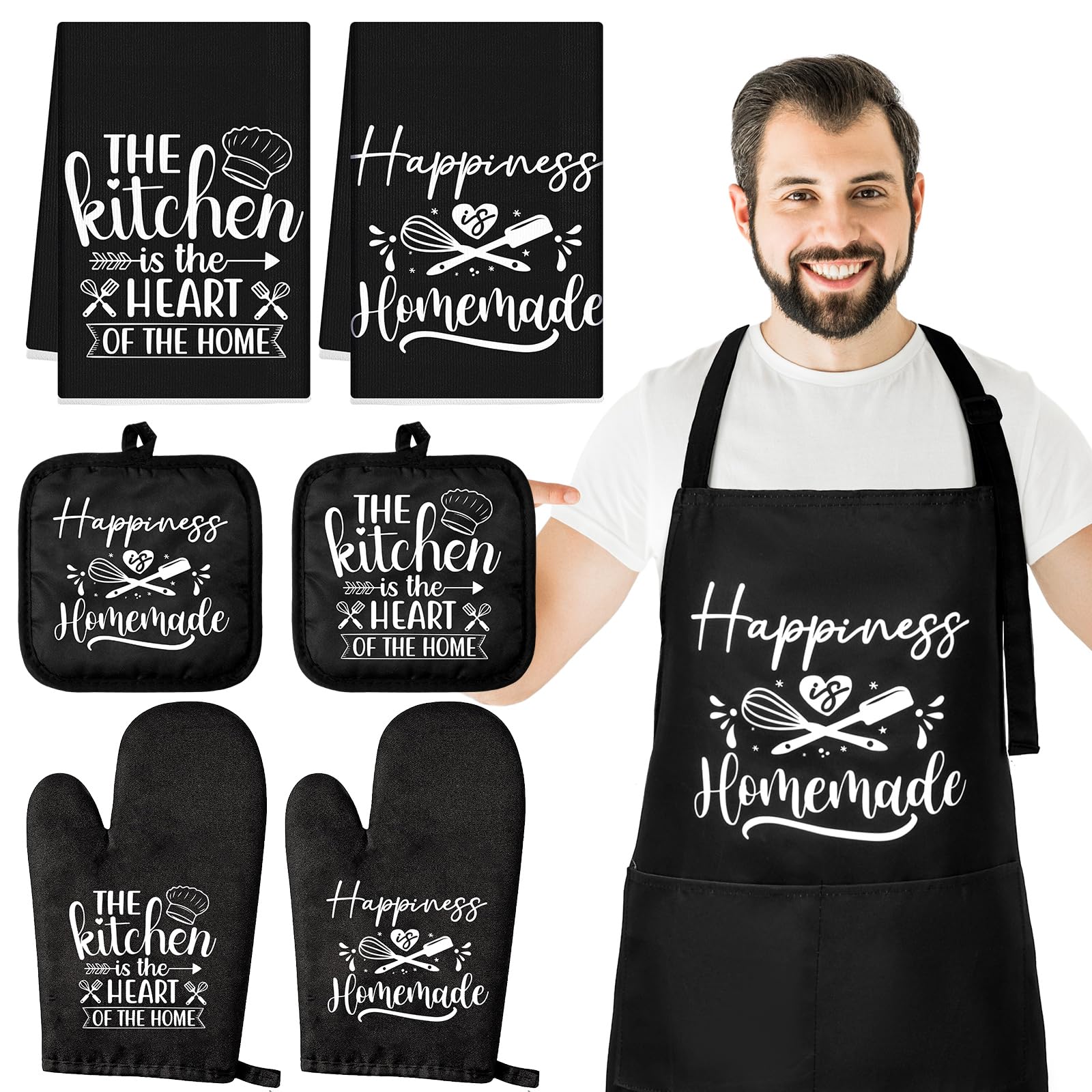 Stratte 7-Piece Kitchen Towels, Oven Mitts & Pot Holders Set with Chef Apron - 2 Dish Towels, 2 Heat-Resistant Oven Mitts, 2 Pot Holders with Hanging Loops - Perfect for Cooking, Baking & Grilling - Durable & Stylish Kitchen Accessories