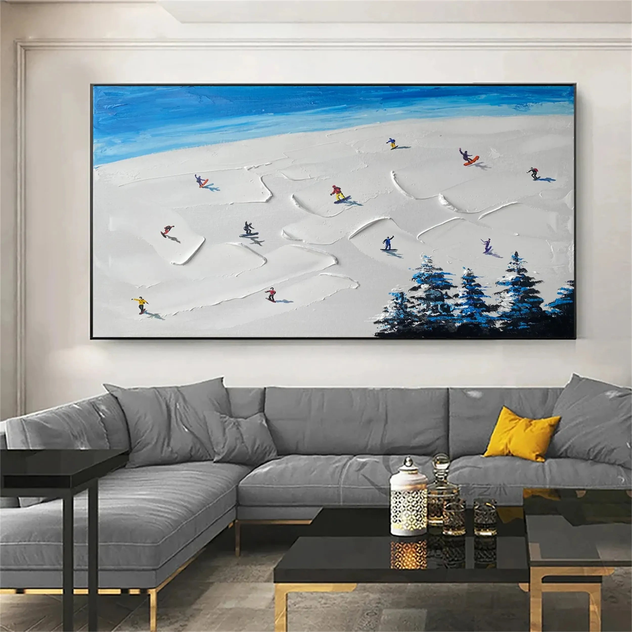 Premium Skiing Sport Art Textured Painting Canvas - Mountain Landscape Wall Decor #MM220 | Perfect for Ski Lodge, Cabin & Winter-Themed Home Decor