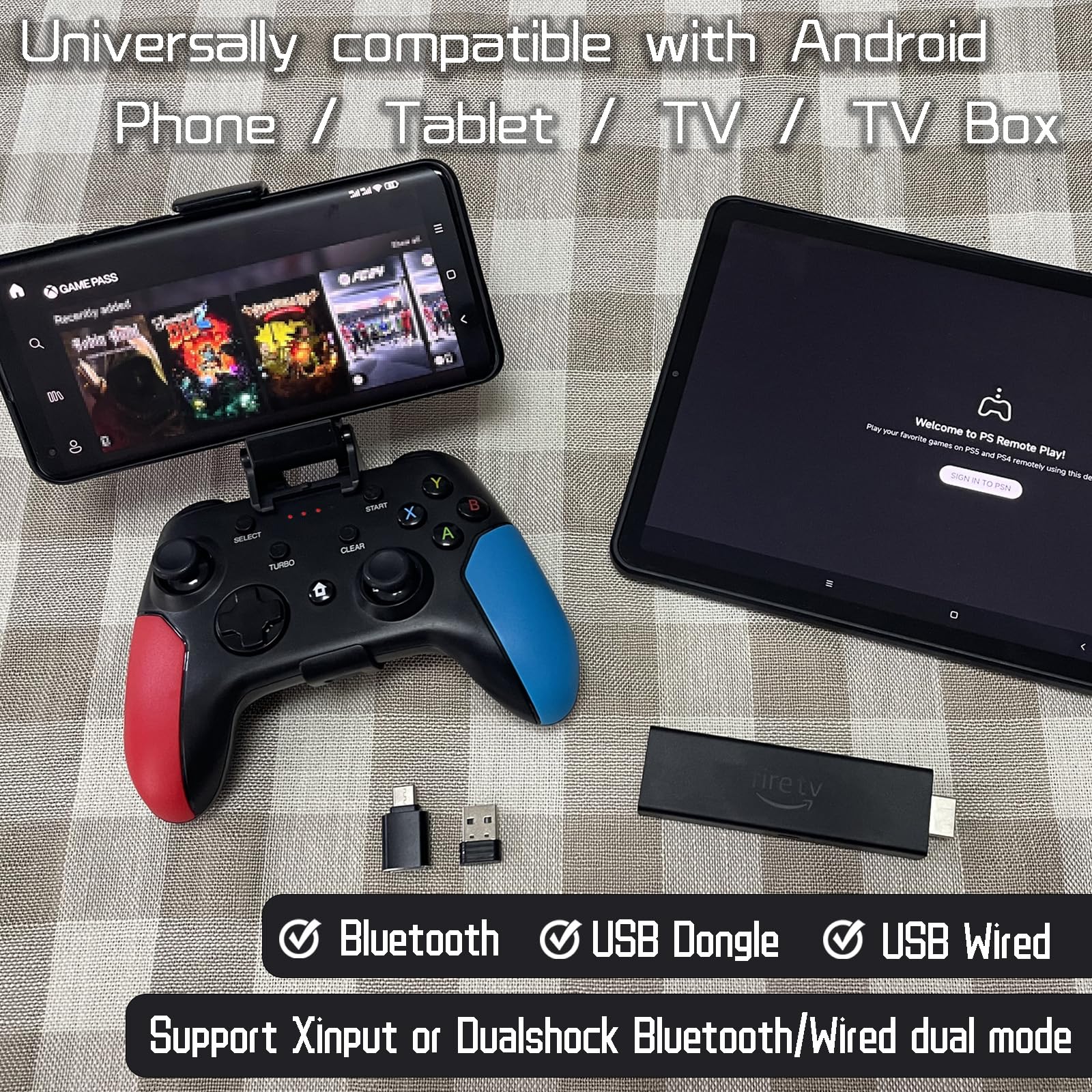 Wireless Bluetooth Controller for iPhone, Android, Switch, PC - Gaming with Dongle & Phone Clip