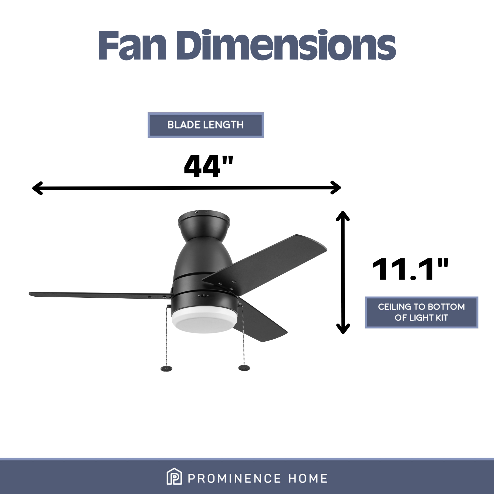 44 Inch Prominence Home Fawn Matte Black Ceiling Fan with Light Kit - Energy Efficient Indoor/Outdoor Fan with Remote Control for Bedroom, Living Room, Patio