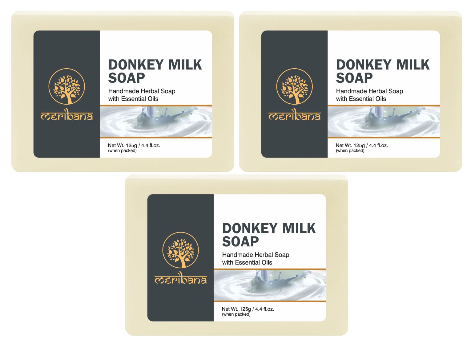 Organic MeriBana Handmade Donkey Milk Soap Bar (3 Pack, 125g Each) - Natural Moisturizing & Nourishing for Dry, Sensitive Skin - Perfect for Spa, Gift & Daily Skincare Routine