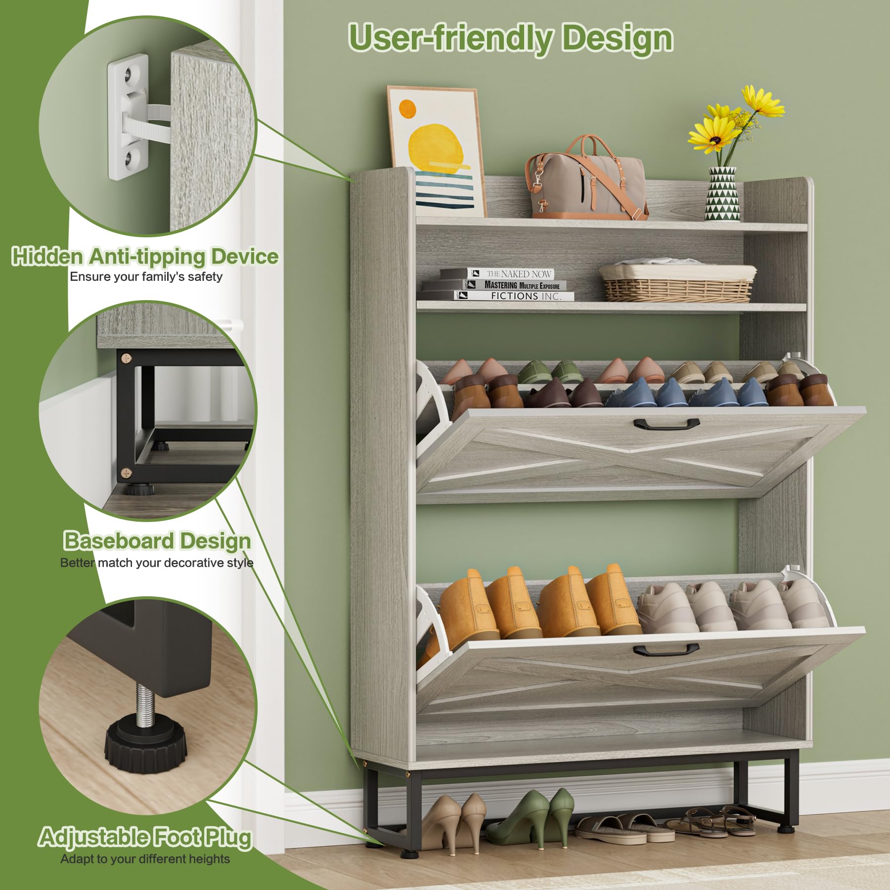 Slim Shoe Storage Cabinet with 2 Flip Drawers - Adjustable Shelves Freestanding Hidden Shoe Organizer for Entryway, Hallway, Closet - Space Saving Grey Cabinet for Shoes, Boots & Sneakers - Perfect for Small Apartments & Home Organization
