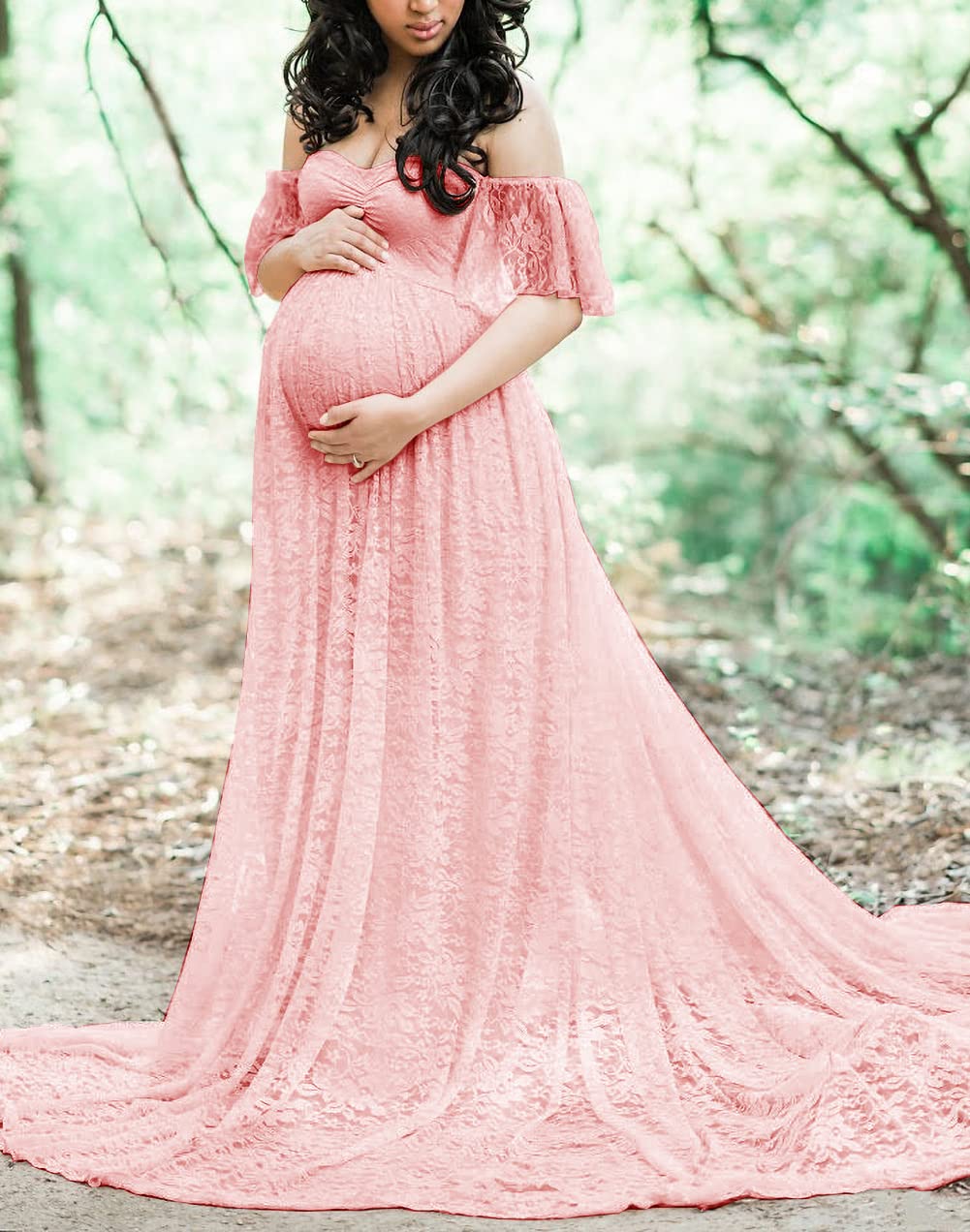 ZIUMUDY Maternity Photoshoot Dress - Off Shoulder Lace Baby Shower & Wedding Gown for Pregnant Women | Perfect for Maternity Photography, Baby Shower Events & Special Occasions