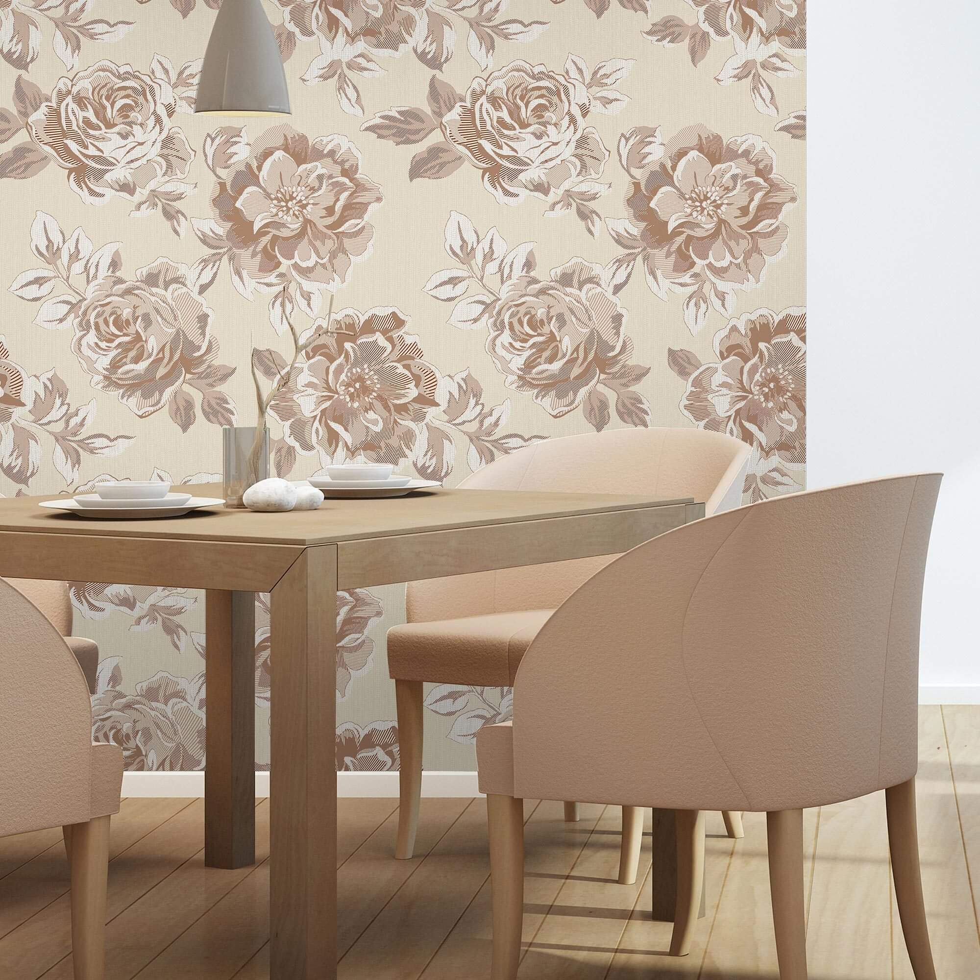 Brown and Beige Floral Peel and Stick Removable Wallpaper - Self-Adhesive Decorative Wall Covering for Bedroom, Living Room, Nursery, and Office Decor