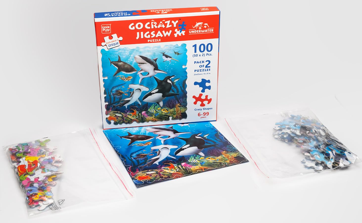 Unik Play Go Crazy 100-Piece Jigsaw Puzzle for Kids & Adults - Underwater Cartoon Theme with 2 Puzzle Trays | Ages 6-99 | Unique Interlocking Pieces | Perfect for Family Game Night & Educational Play