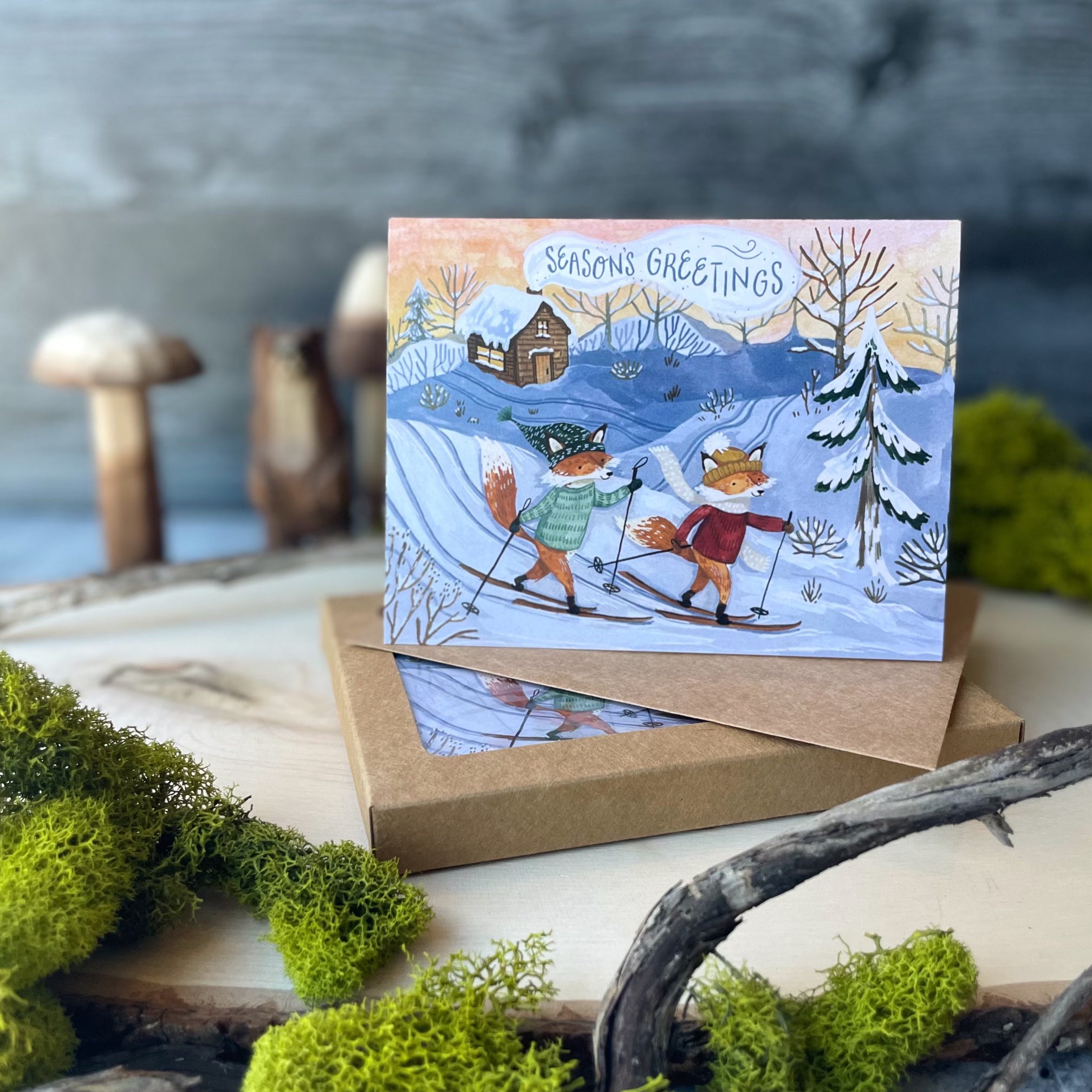 Fox Skiing Christmas Cards - Boxed Holiday Greeting Card Set for Winter & Christmas Celebrations, Parties, and Festive Gifts