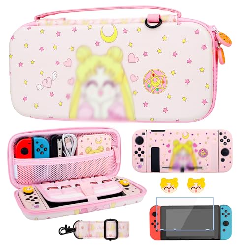 **Pink Nintendo Switch Carrying Case with Accessories Bundle - Soft TPU Cover, Screen Protector, Thumb Grips & Shoulder Strap - Perfect for Travel & Gaming On-The-Go**