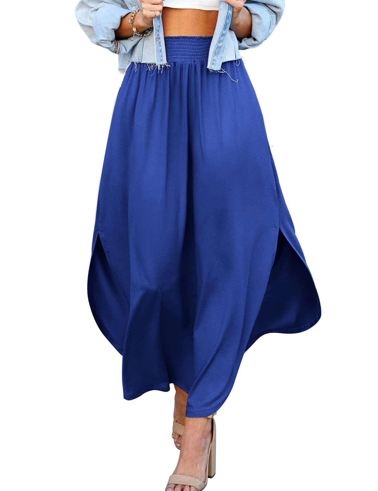 DOUBLJU Women's High Waisted Maxi Skirt - Elastic Waistband, Ankle Length Summer Long Skirt - Trendy Casual Plus Size Skirt for Beach, Vacation & Everyday Wear