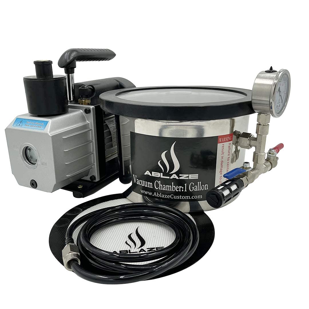 ABLAZE 1 Gallon Stainless Steel Vacuum Degassing Chamber with Tempered Glass Lid & 3 CFM Pump Kit - Perfect for Resin Casting, Food Preservation, and Scientific Experiments