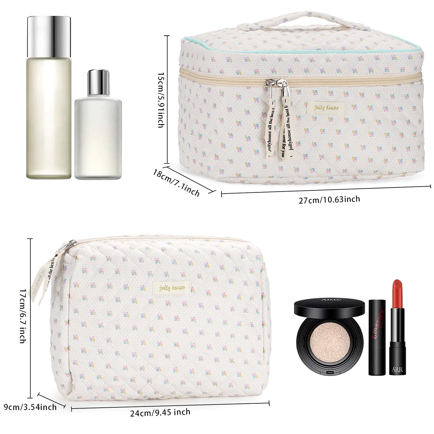 Sightor Large Cotton Quilted Makeup Bag with Handle - Cute Floral Cosmetic Toiletry Bag for Women, Travel Organizer, Perfect for Travel, Gym, and Daily Use