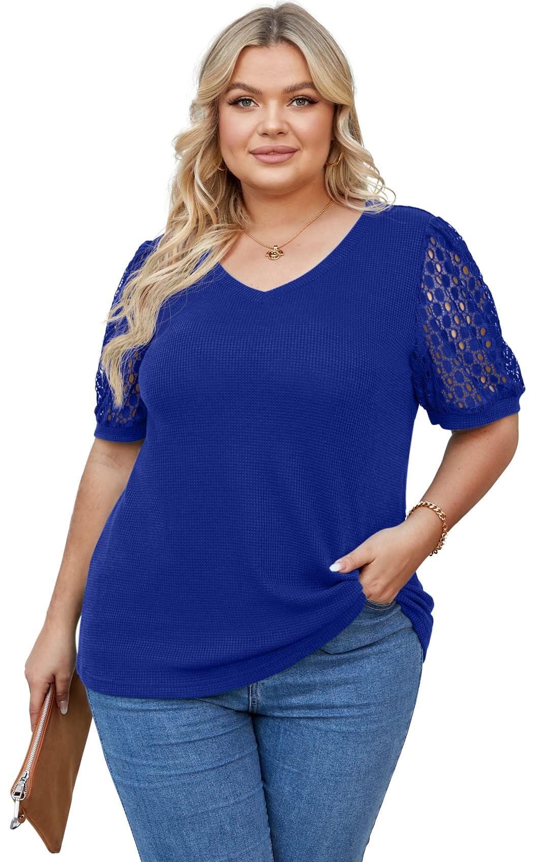 OLRIK Plus Size Women's Summer Blouse - Waffle Knit Short Sleeve Lace Top for Casual Wear & Beach Outfits