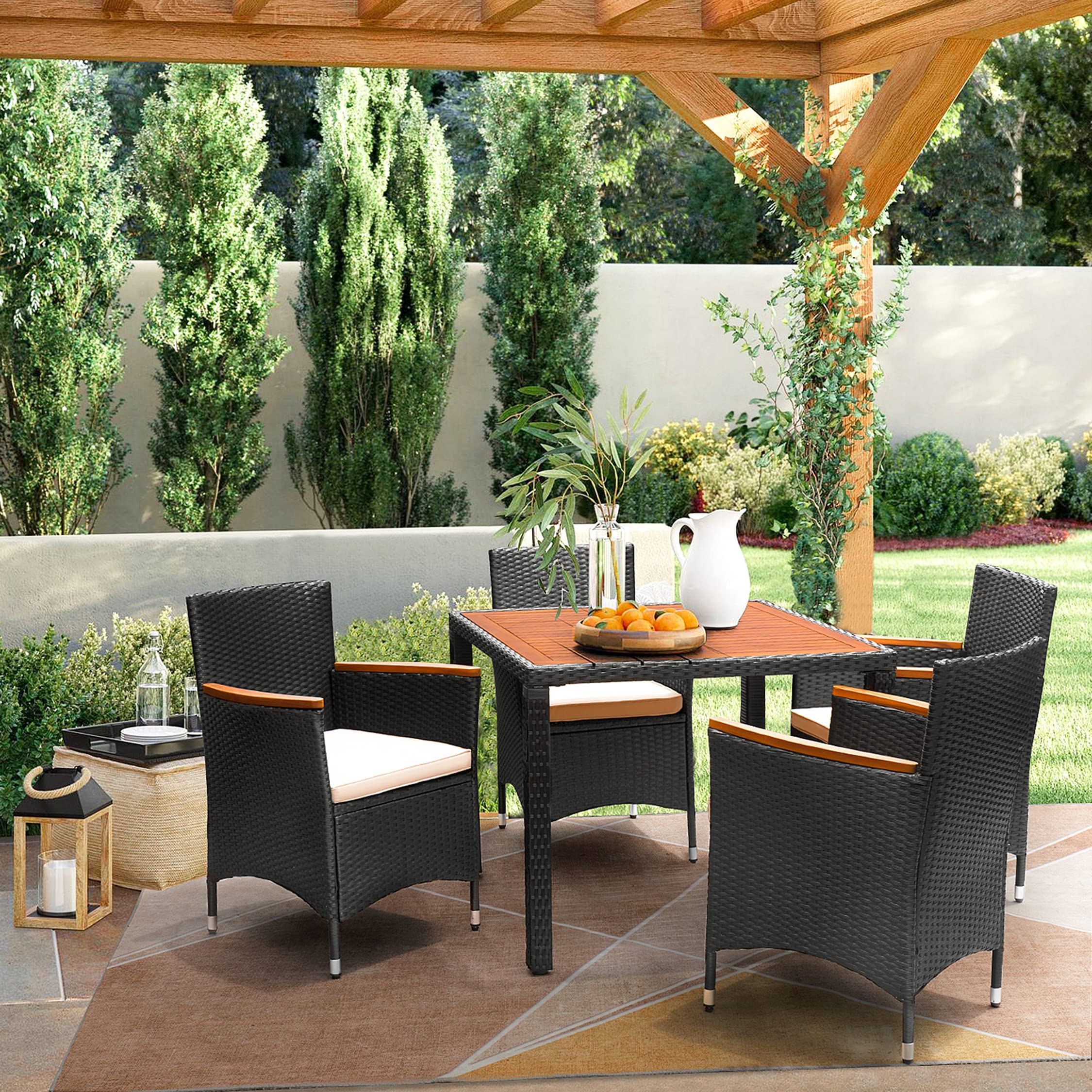 Flamaker 5-Piece Outdoor Dining Set - Acacia Wood Patio Table & Chairs with Soft Cushions, Weather-Resistant Wicker Furniture for Deck, Backyard, Garden - Perfect for Outdoor Entertaining & Relaxation