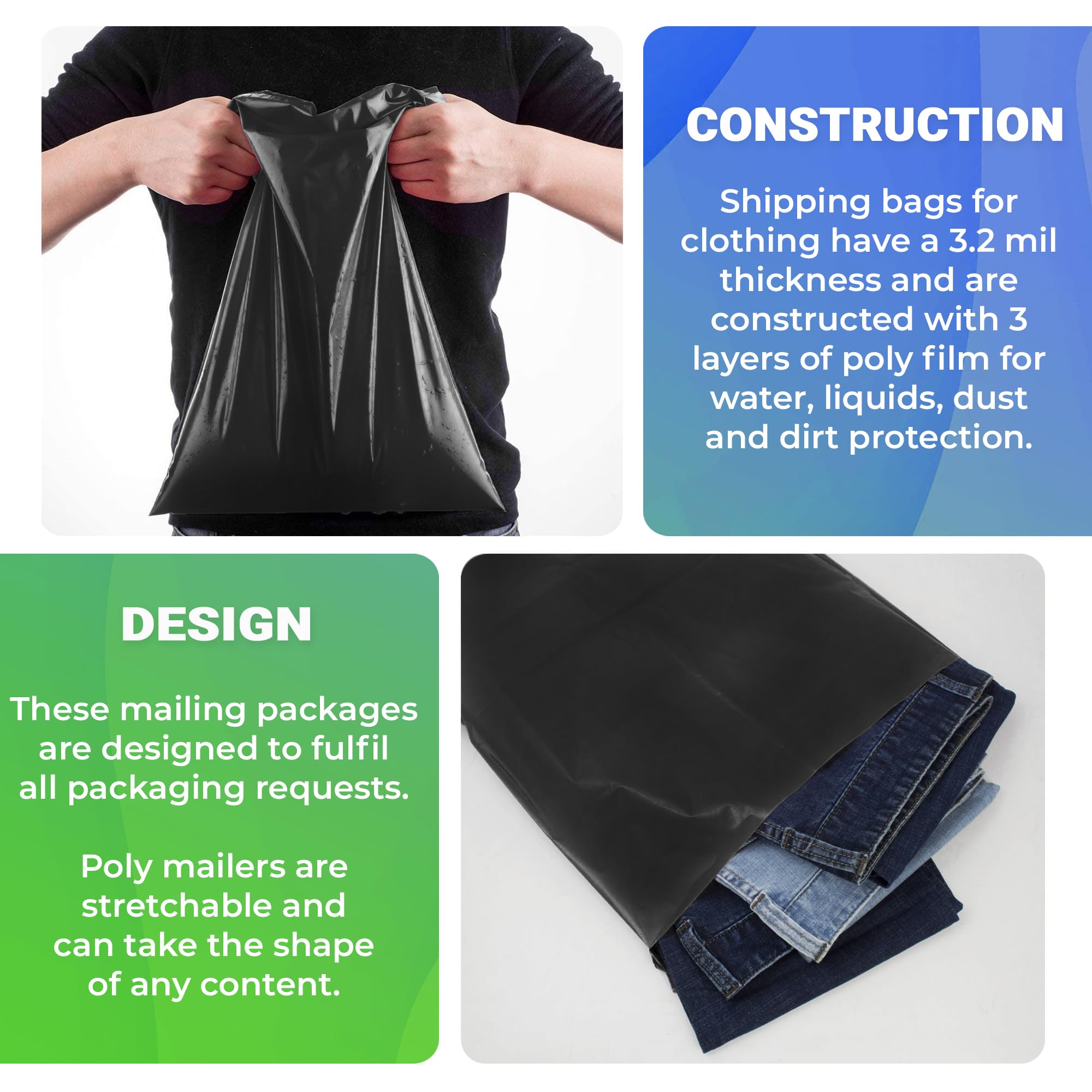 Black Poly Mailers 9x12 Inches - 500 Pack Waterproof Stretchy Shipping Bags for Clothing & Towels | Durable 3.2 Mil Mailing Envelopes for Ecommerce, Retail & Online Store Packaging
